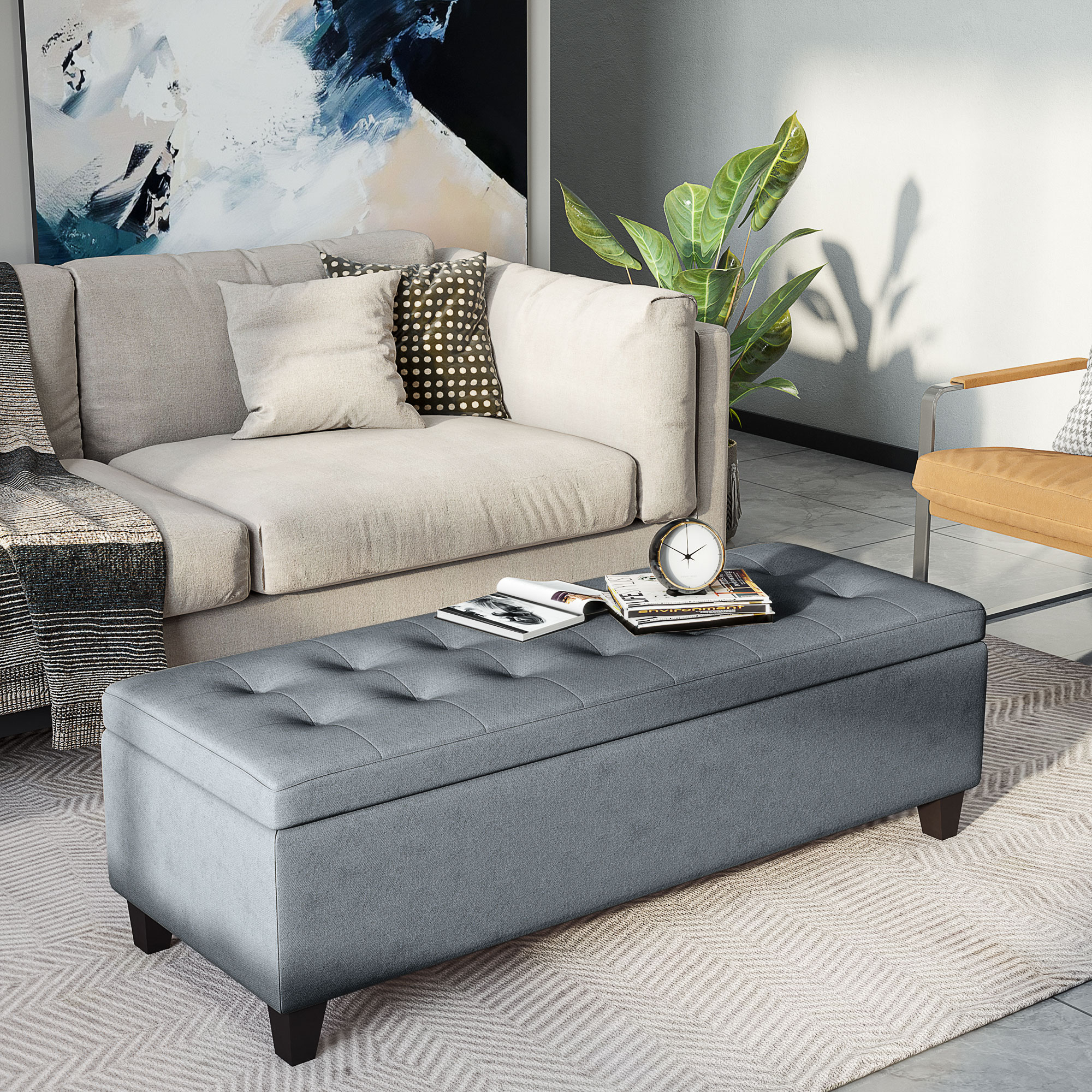 HOMCOM Sitzbank mit Stauraum, Ottomane, Flurbank, Knopfheftung,125,1 cm x 48,9 cm x 41,3 cm, Grau
