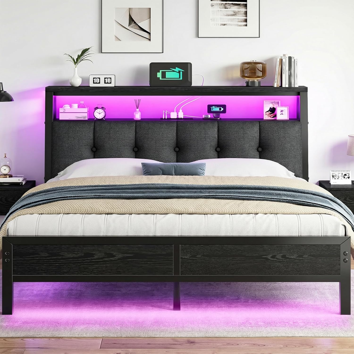 Full Size Bed Frame Smart RGB LED Lights, Grey Upholstered Headboard with Charging Station Type C&2-Tier Storage Shelves,12