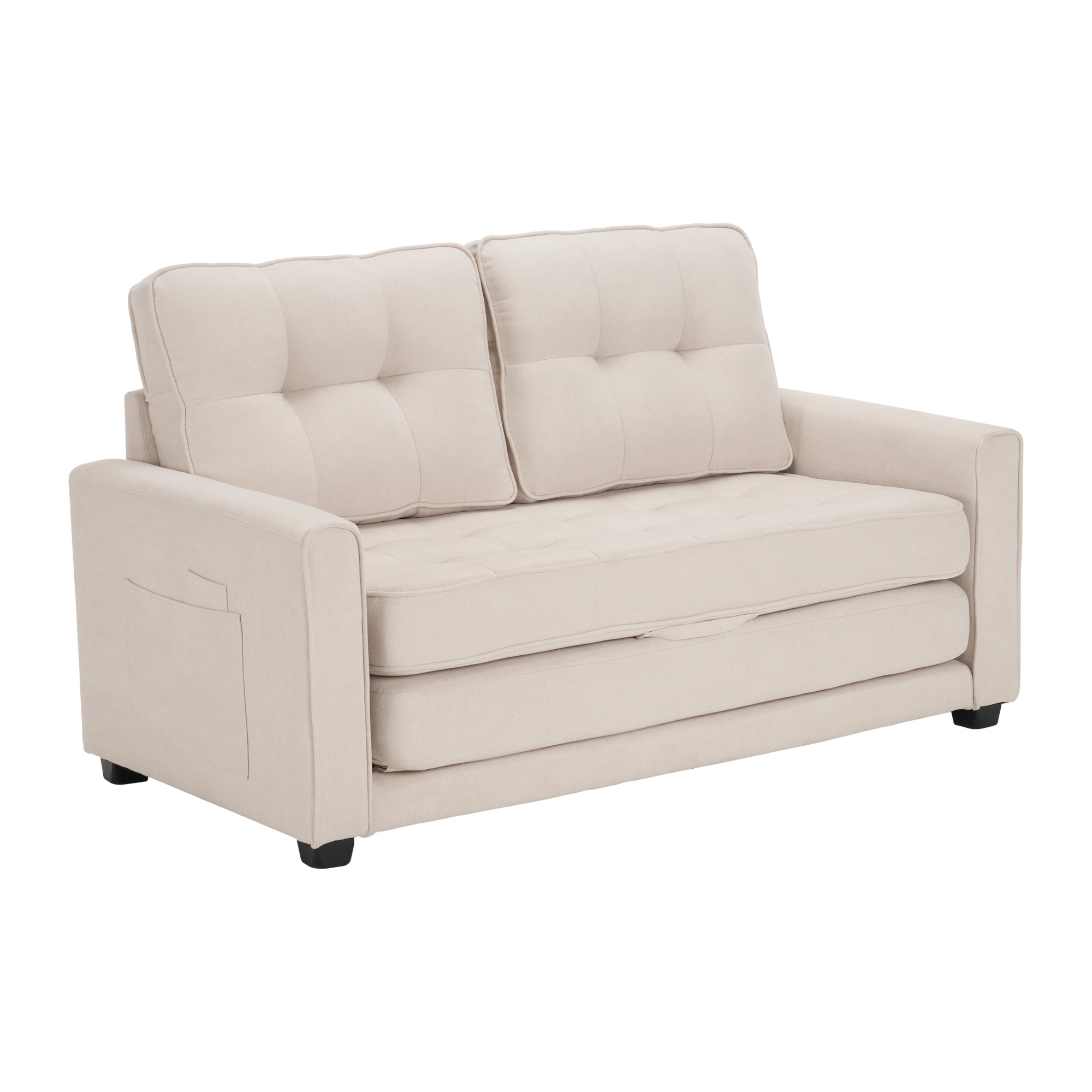 2-Sitzer Schlafsofa 151x75cm mit Seitentaschen, doppellagiger Polsterung, ausklappbar, Modernes Design fürs Zuhause, Beige
