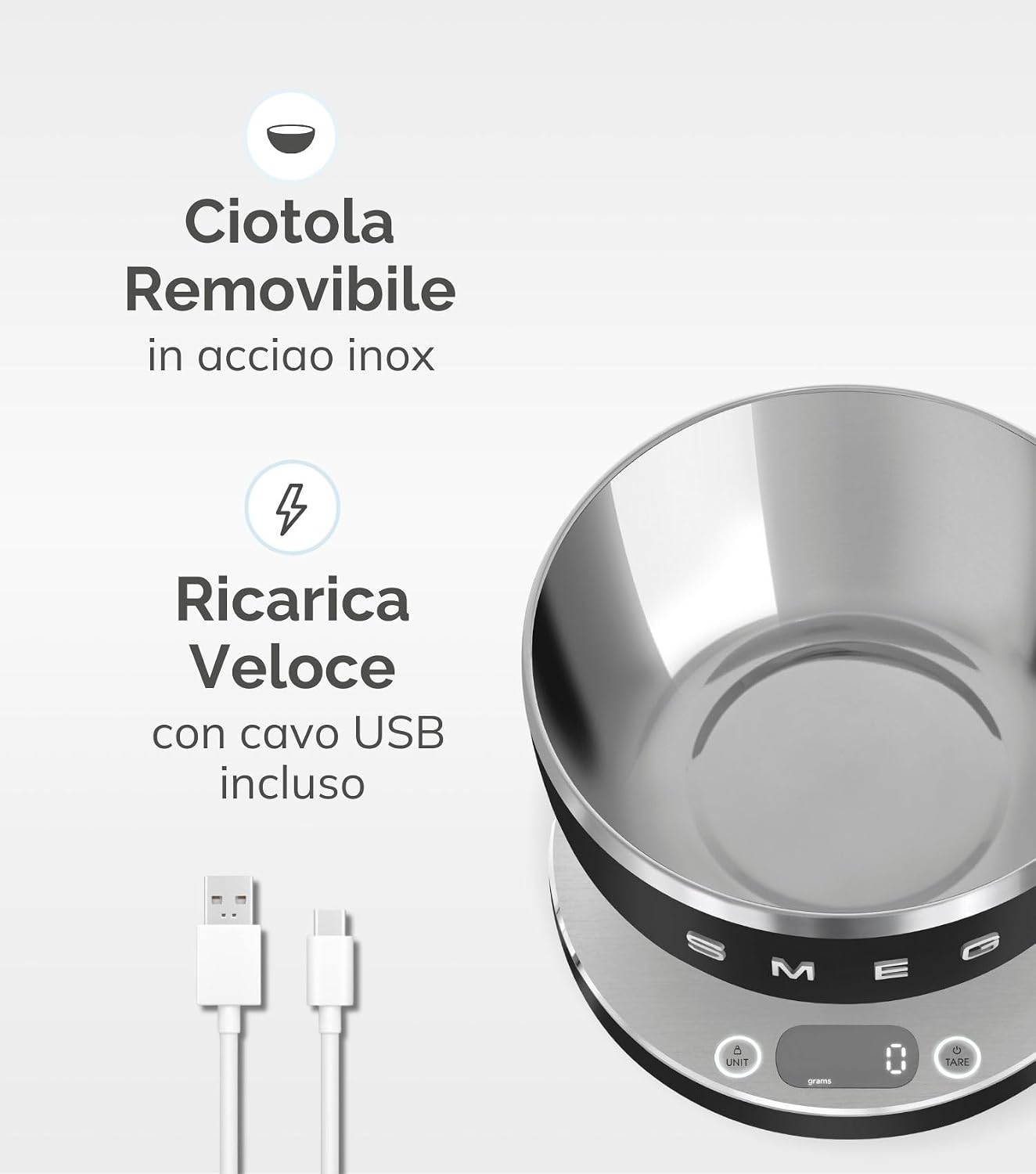 Smeg, Bilancia da Cucina Digitale KSC01BLMWW, Ciotola in Acciao Inox Removibile, Quattro Unità di Misura g/ml e lb.oz/fl.oz, con Funzione Tara, Portata Massima 5kg, Nero