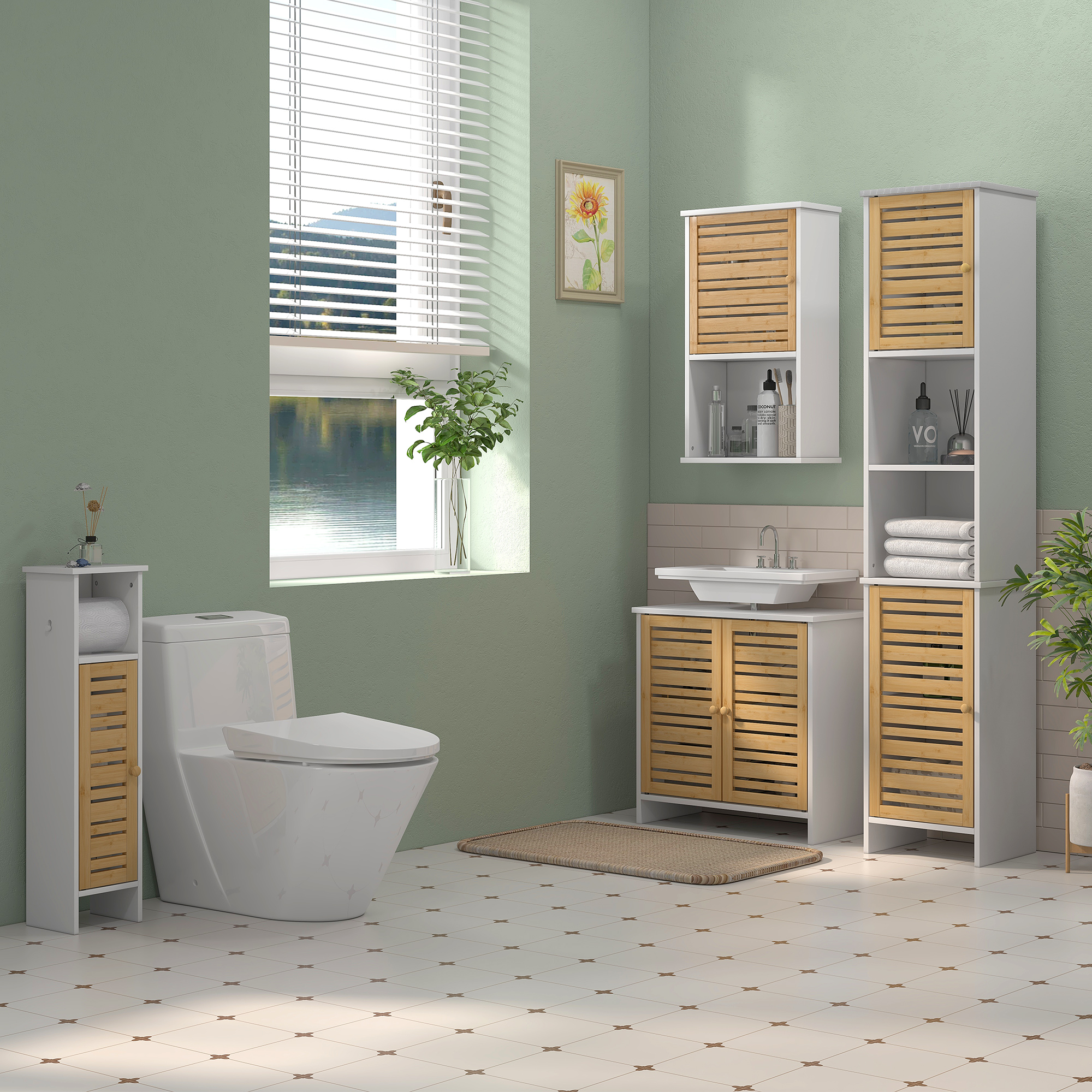 HOMCOM Badezimmerschrank mit Toilettenpapierhalter herausnehmbarer Stange 3 Ebenen + Toilettenpapierablage, 78H cm, Bambus weiß
