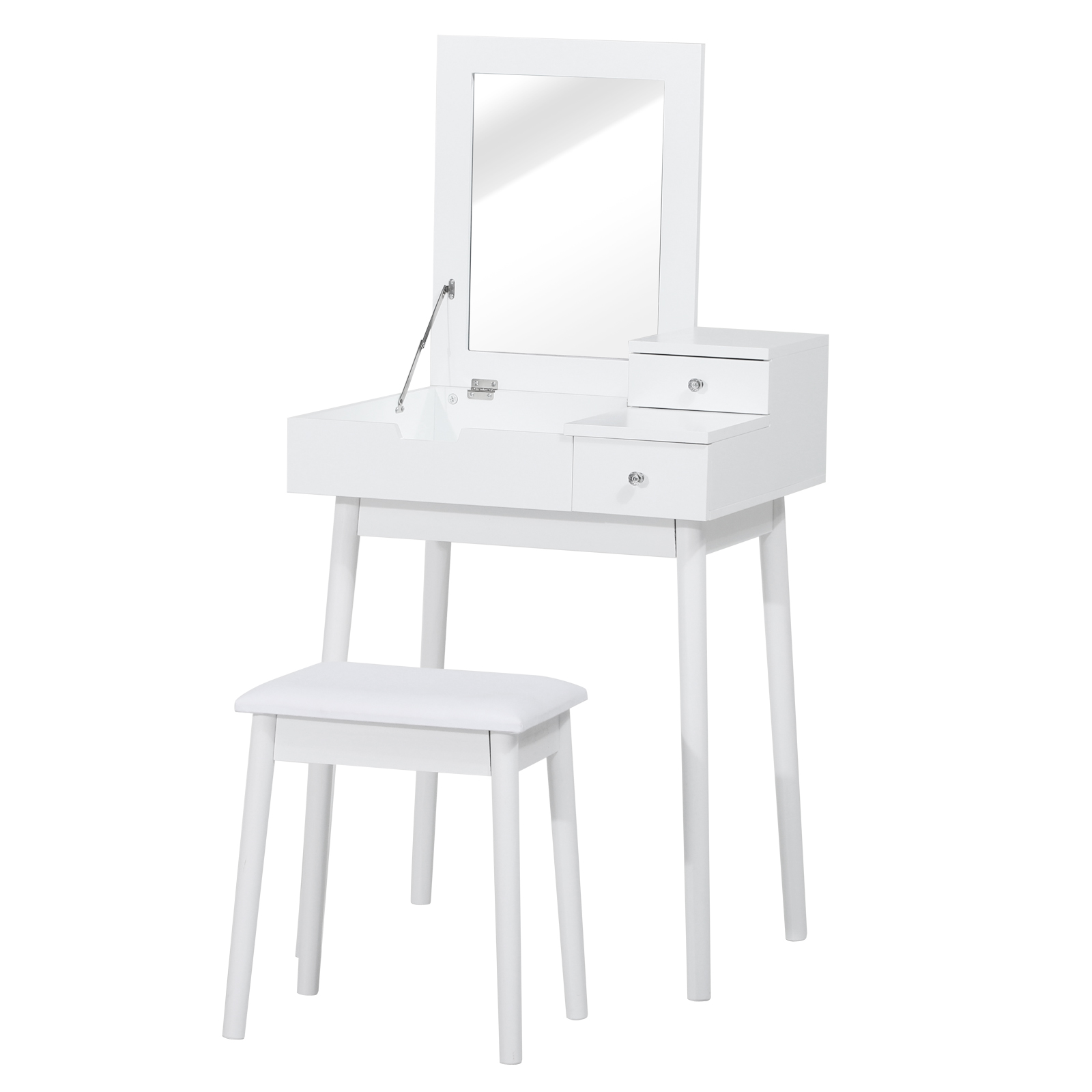 HOMCOM Schminktisch mit Hocker klappbarer Spiegel + 2 Schubladen MDF Massivholz Kiefer Weiß