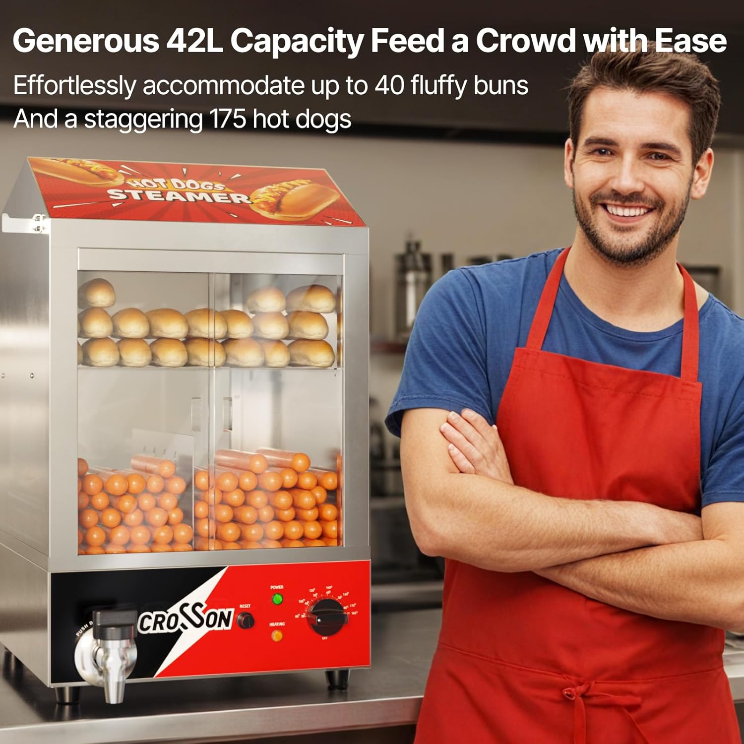 CROSSON Hot Dog Dampfgarer, 42L, 2-stöckiger Hot Dog Hut Dampfgarer, 175 Hot Dogs und 50 Brötchen Brötchen Fassungsvermögen Brötchenwärmer mit sichtbaren Schiebetüren aus gehärtetem Glas