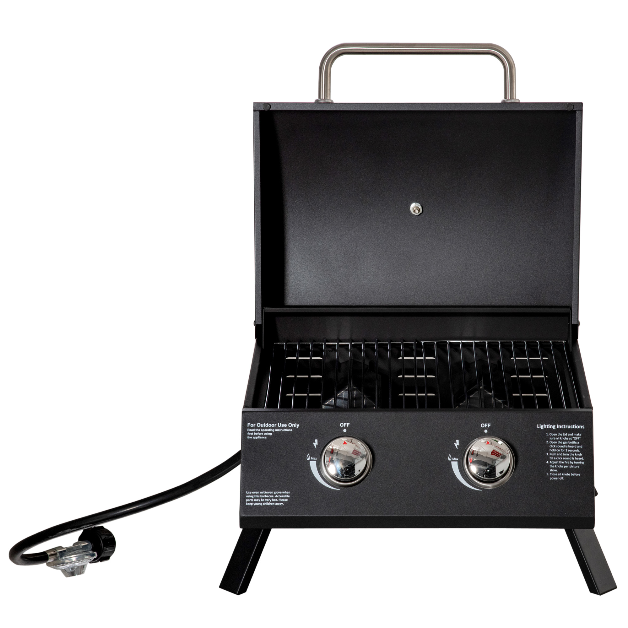 Tisch-Gasgrill mit zusammenklappbaren Beinen - 2 Brenner 5 KW - Camping-Gasgrill - Grillrost, Fettauffangschale, Thermometer - Lebensmitteltauglicher schwarzer Stahl