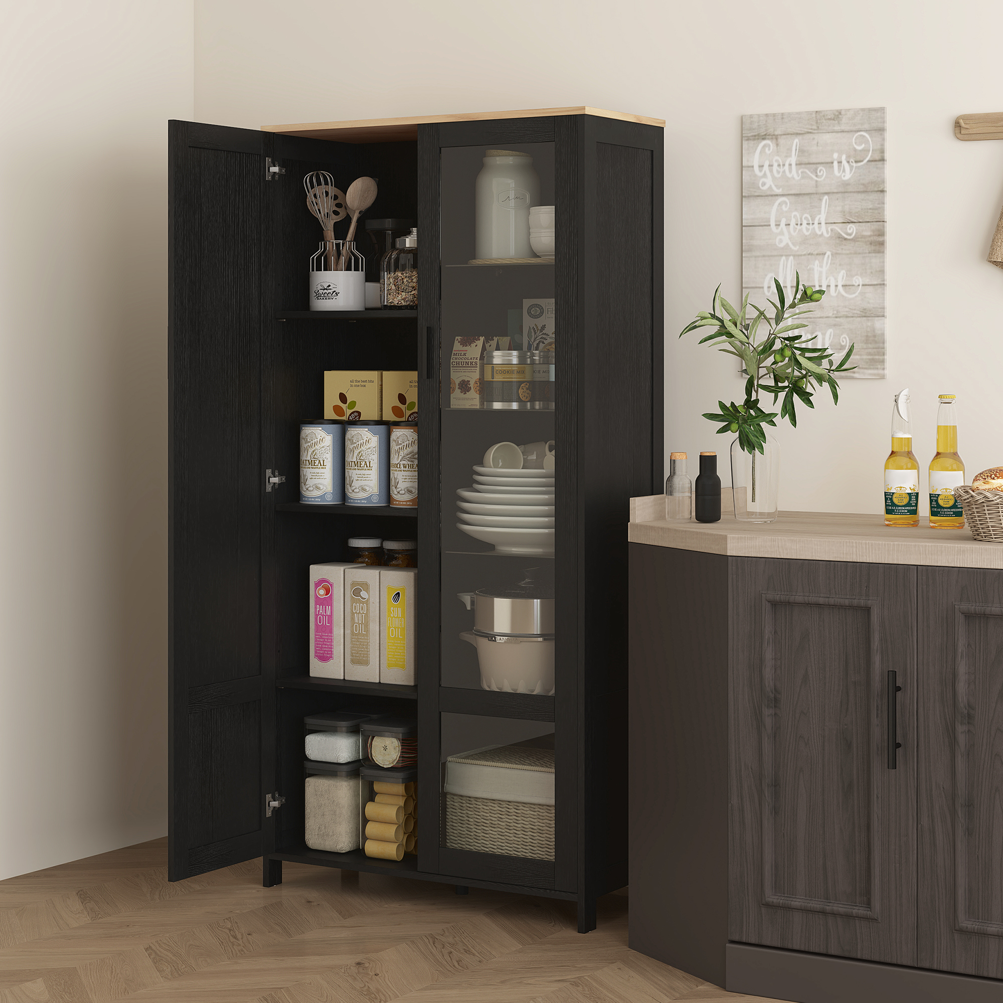 HOMCOM Küchenbuffet Küchen Vitrinenschrank mit höhenverstellbaren Regalen und 9 Fächern 76 x 36 x 160 cm Schwarz