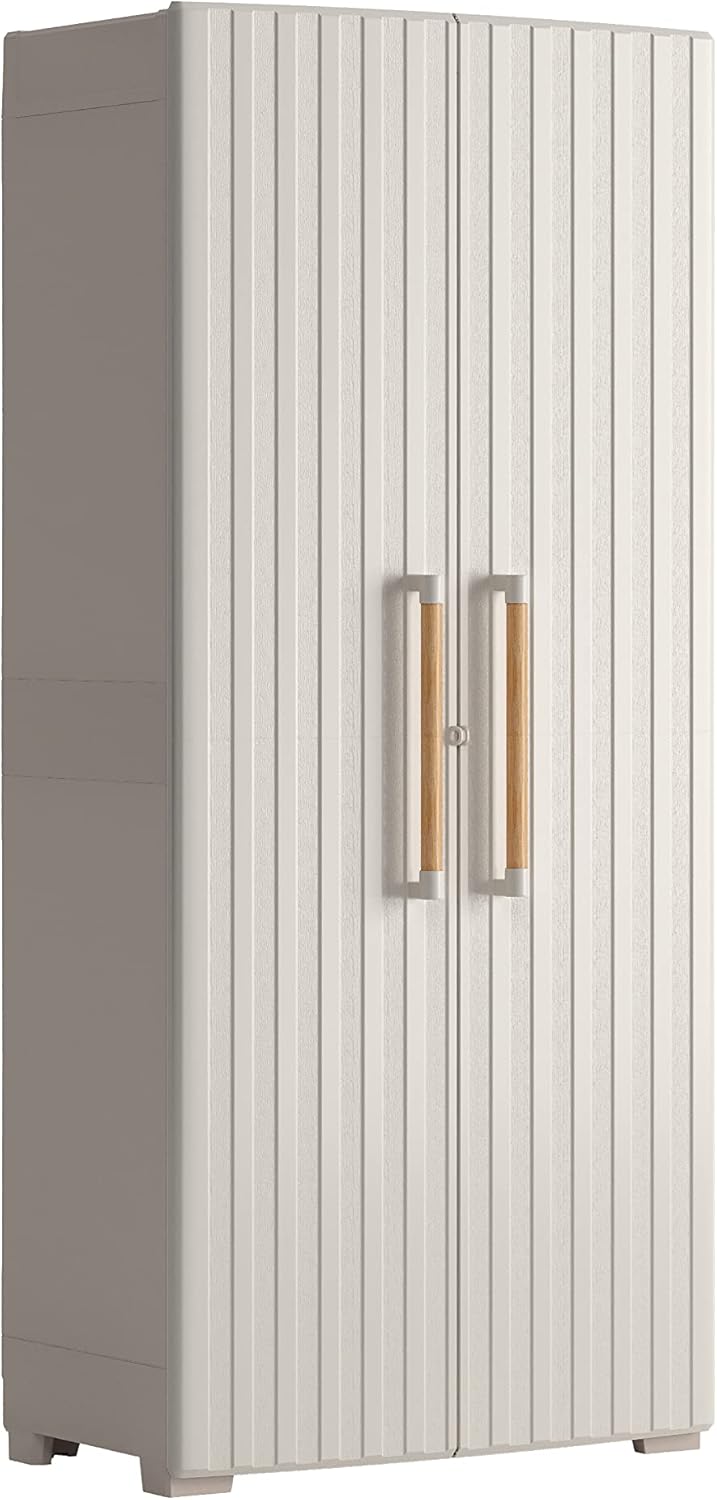 Keter Groove Outdoor Broom Cabinet, Wooden Effect Doors, Beige/Sand, 80 x 45 x 180 H cm
