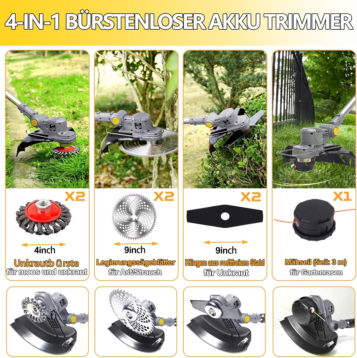 Akku Rasentrimmer mit Akku und Unkrautbürste 4 in 1 Freischneider mit Unkrautbürste 21V Bürstenloser Freischneider, Elektro Motorsense mit 2 Akku 4.0Ah und Ladegerät Teleskop, Verstellbarer, Orange