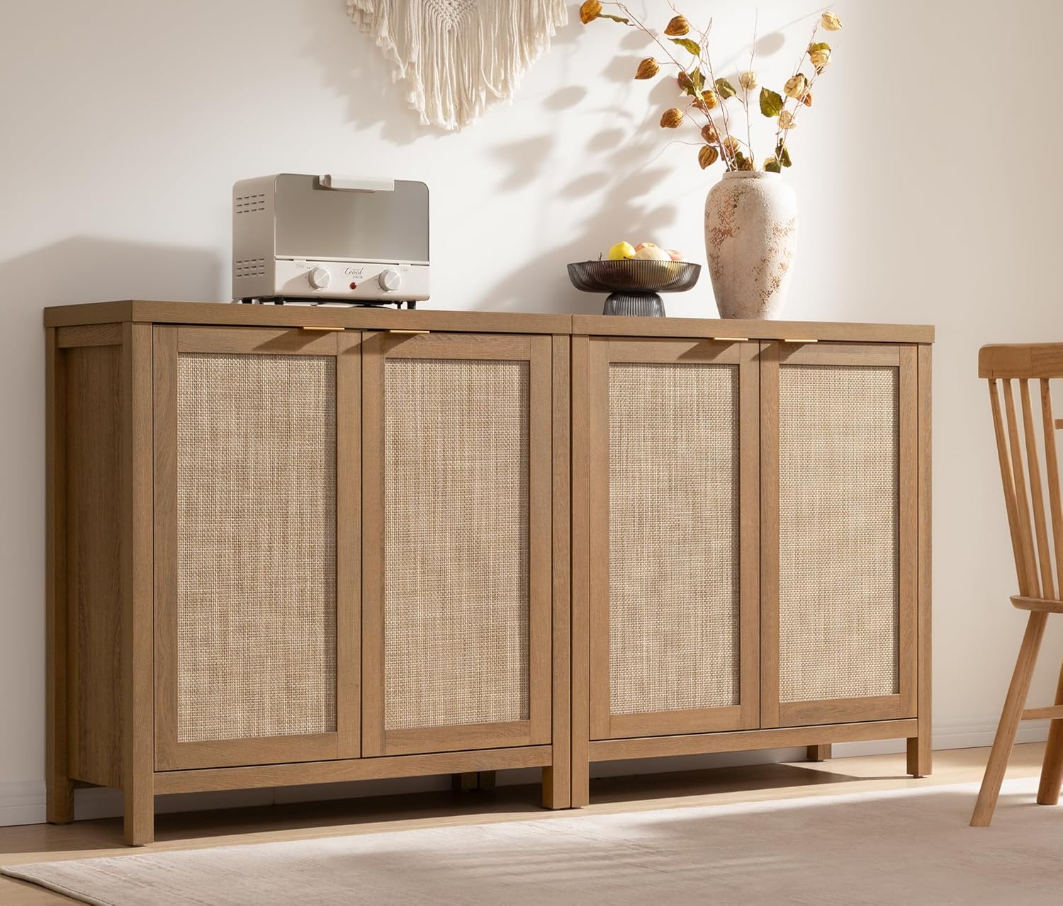 SICOTAS Sideboard Buffet Cabinet with Large Storage : Boho Rattan Credenza Coffee Bar Storage Cabinet with Adjustable Shelves, Farmhouse Console Cabinets for Kitchen, Living Room, Entryway, Oak, 2 PCS