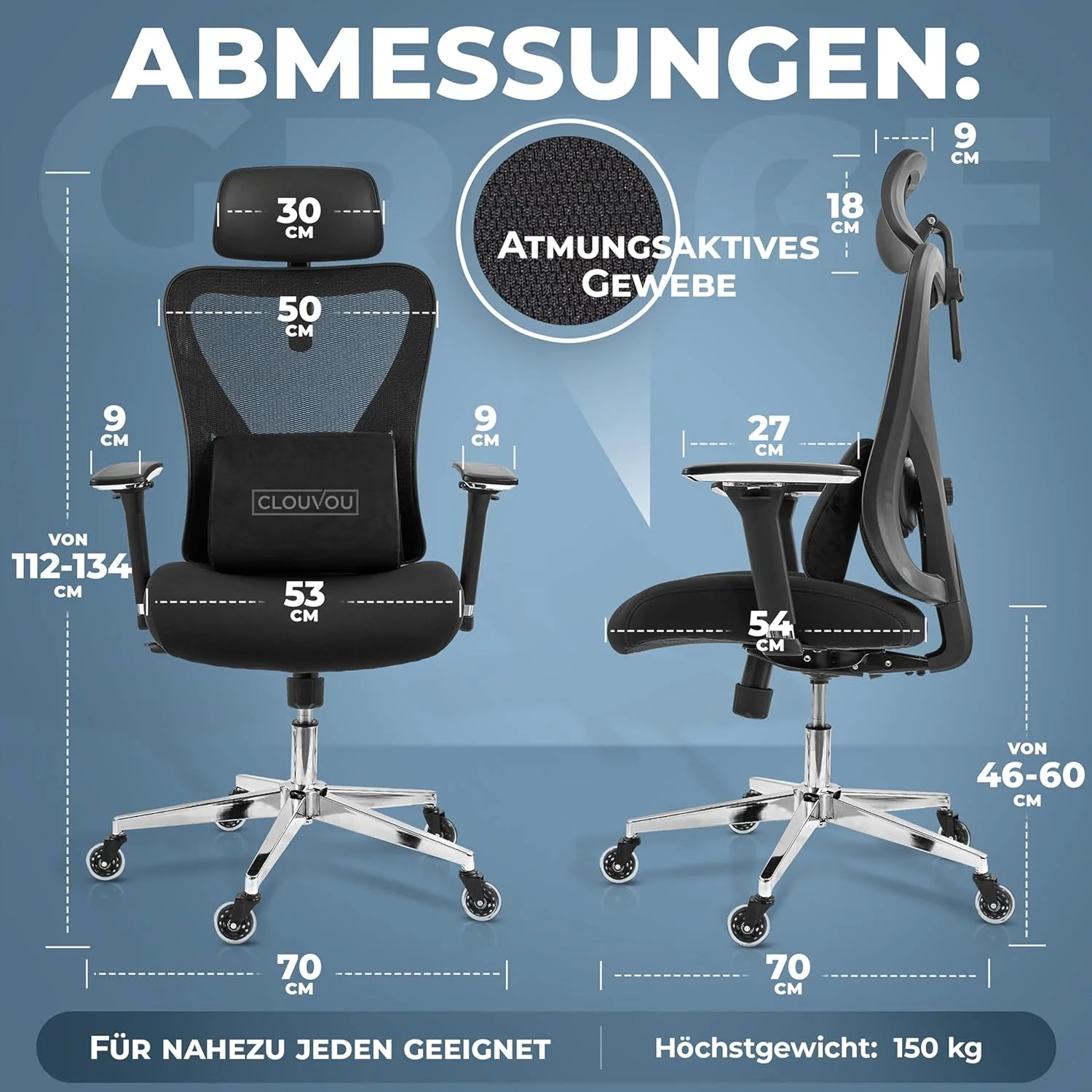 CLOUVOU CleverSeat Bürostuhl Ergonomisch [TESTSIEGER] Schreibtischstuhl 100% individuell einstellbar | Büro Stuhl & Gaming Stuhl | Computerstuhl Home Office Chair Ergonomic | Drehstuhl 150 kg