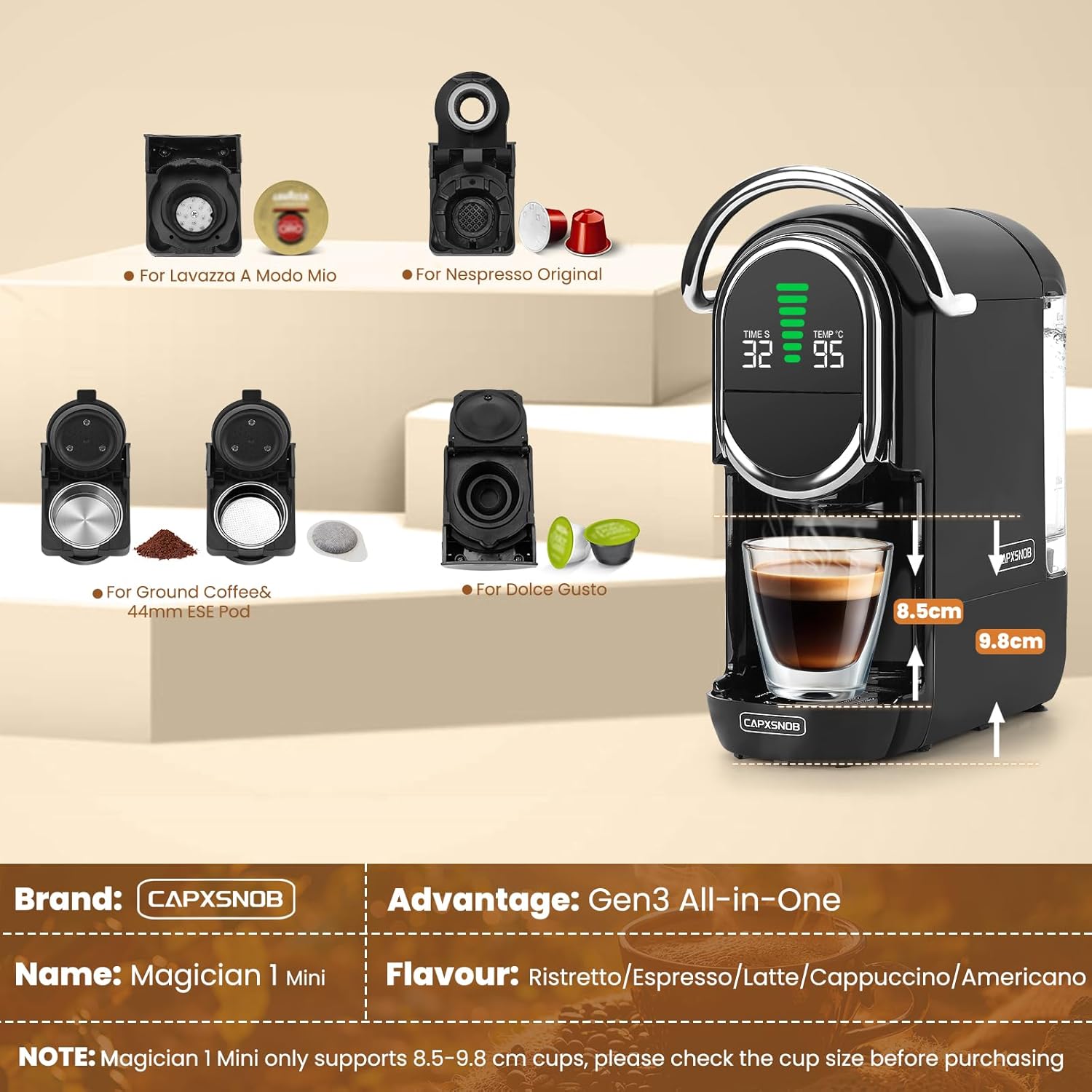 Magician1 Mini Pad-Kaffeemaschinen 5 in 1 für Nespresso Original, Dolce Gusto, Lavazza A Modo Mio Kapsel, ESE 44 mm Pads und Espresso gemahlener Kaffee, 20 Bar, 1450 W, Heiß- und Kaltgebrüht für