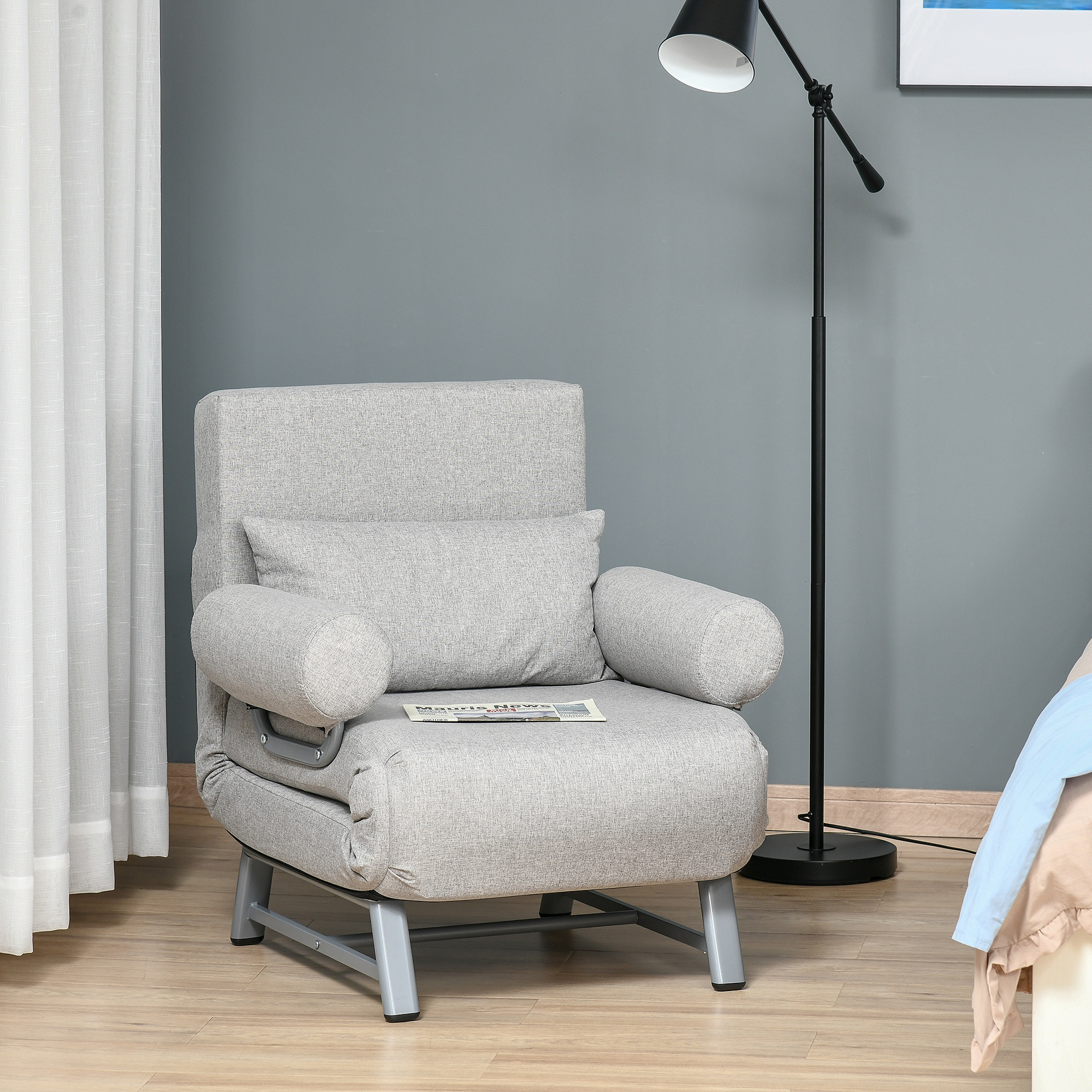 HOMCOM Fauteuil chauffeuse Schlafsofa-umwandelbarer Liegesessel mit 1 Platz Maximaler Komfort Lendenkissen Armlehnenkissen Metallgestell Leinen Grau
