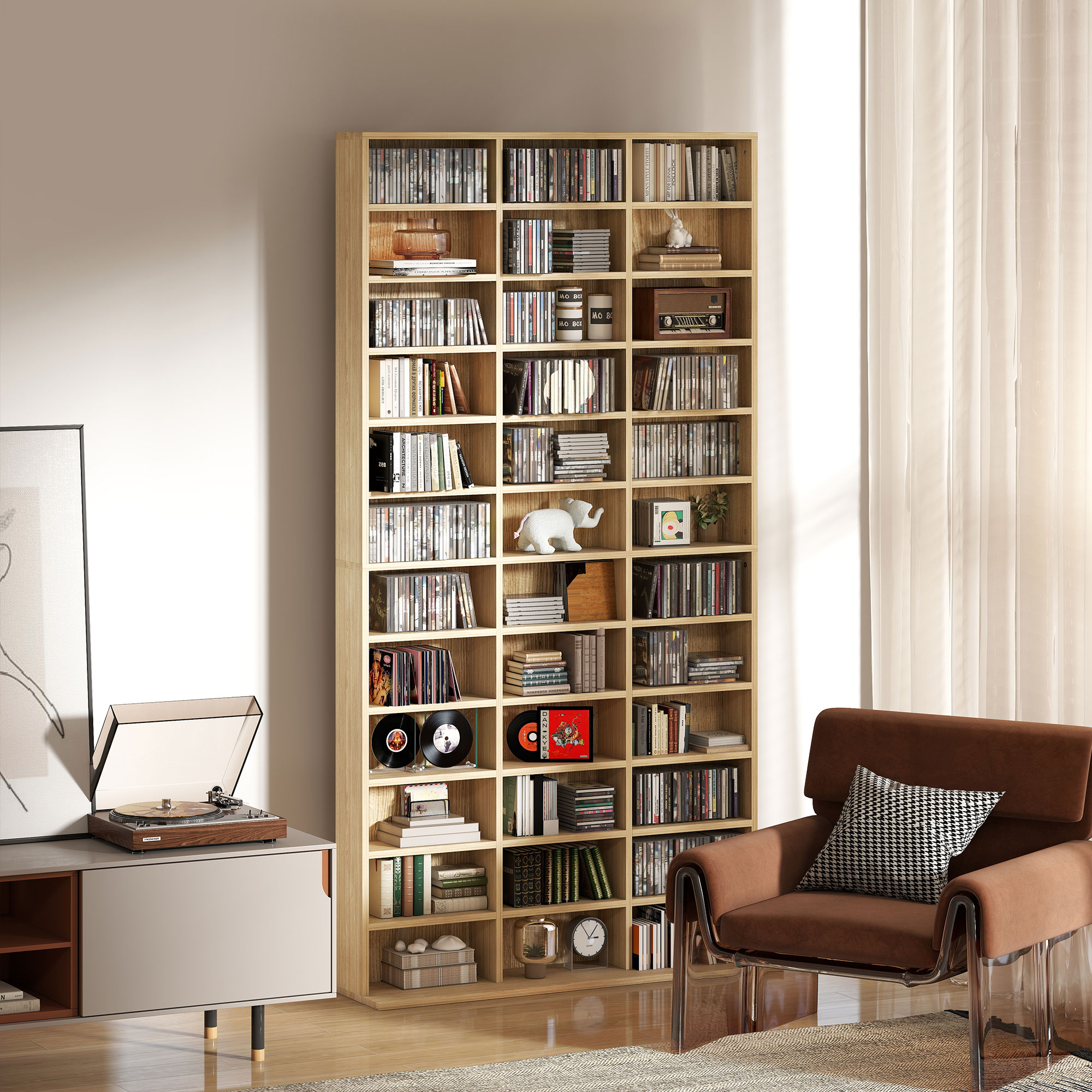 HOMCOM CD- und DVD-Aufbewahrung, Bücherregal Regal 1116 CD/528 DVD, 36 Fächer und verstellbare Regale, Eiche
