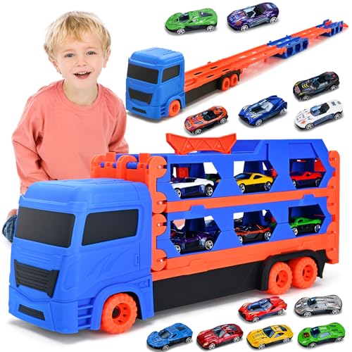 Cugybue Camion Giocattolo per Bambini,Auto Giocattolo Pista Portatile con 12 Auto da Corsa,Camion Macchinine per Bambini Set Giocattolo Veicolo di Trasporto,Blu : Giochi e giocattoli