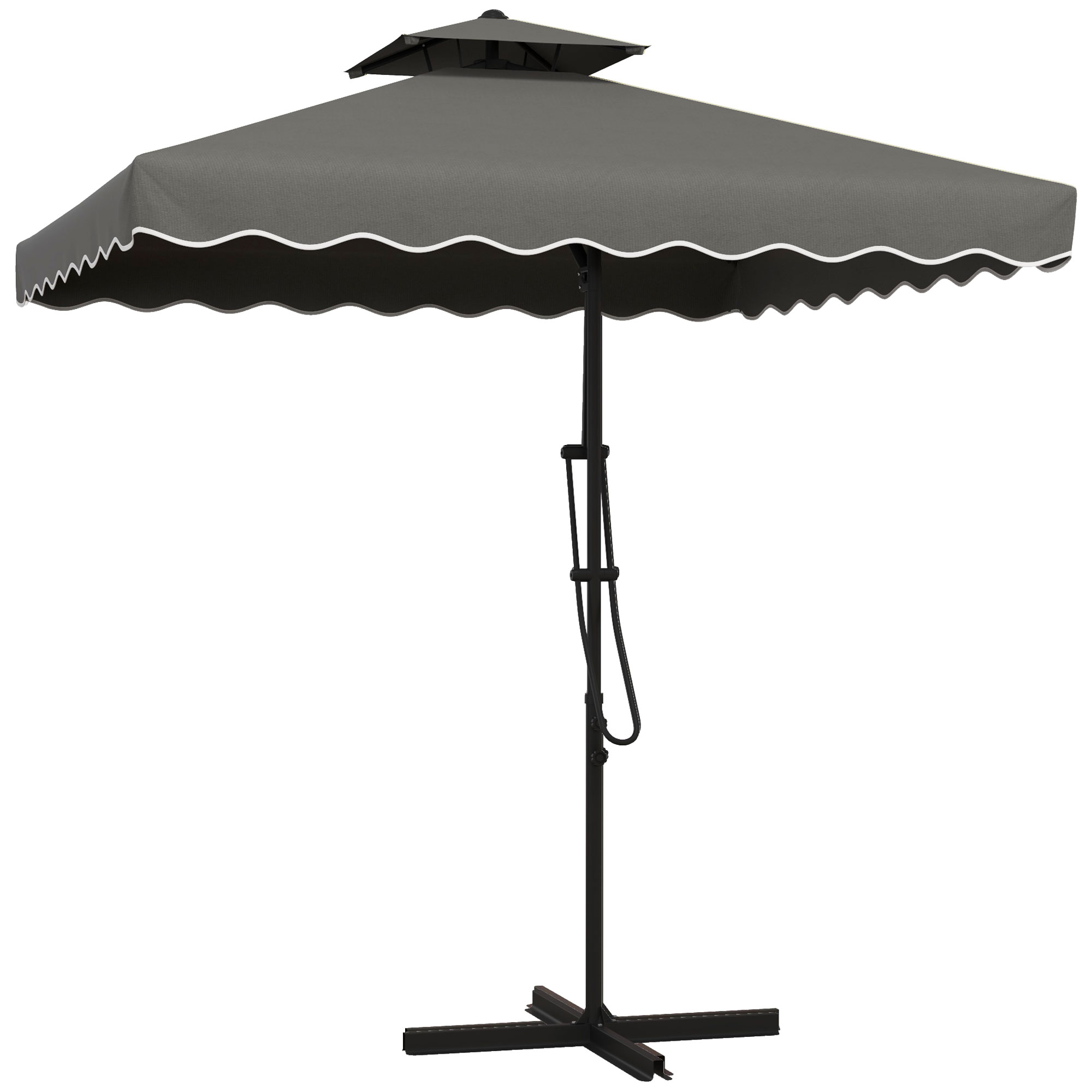 Outsunny Gartenschirm, Ampelschirm, dekorativer Rand, Lüftungsdach, Metallgestell, 2,4x2,4x2,6m, Dunkelgrau