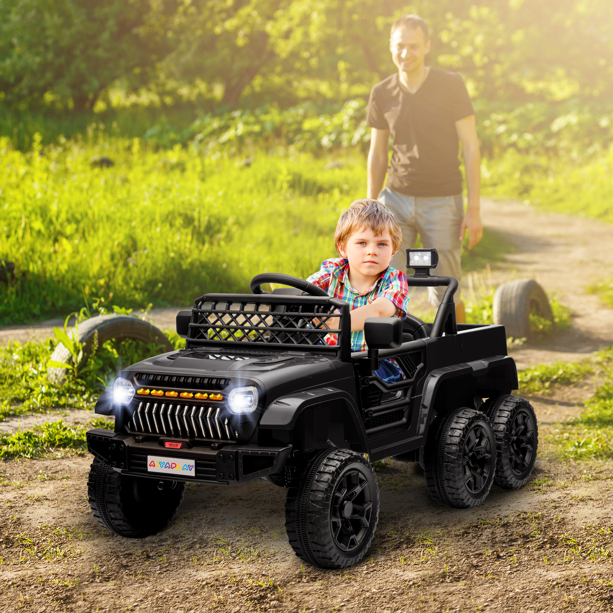 AIYAPLAY 12V Elektrisch Kindervoertuig met Aanhangwagen, LED-verlichting, Muziek en Claxon, voor Kinderen van 3-8 Jaar, Zwart