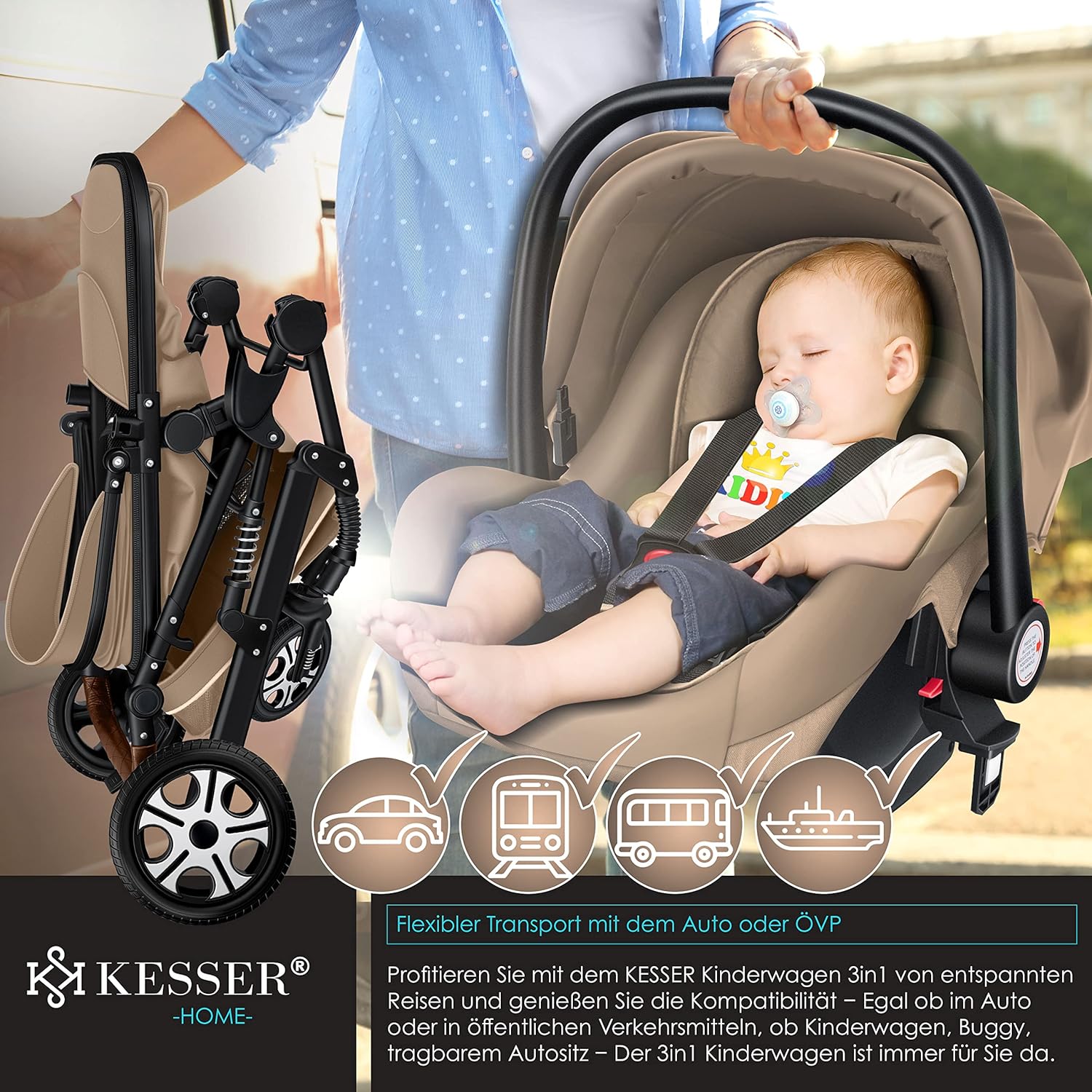KESSER® Loops 3 in 1 Kinderwagen Kombikinderwagen Komplett-Set inkl. Babywanne & Buggy Sportsitz & Auto-Babyschale Voll-Gummireifen Wickeltasche Regenschutz Kindertisch ECE R129, Schwarz/Schwarz