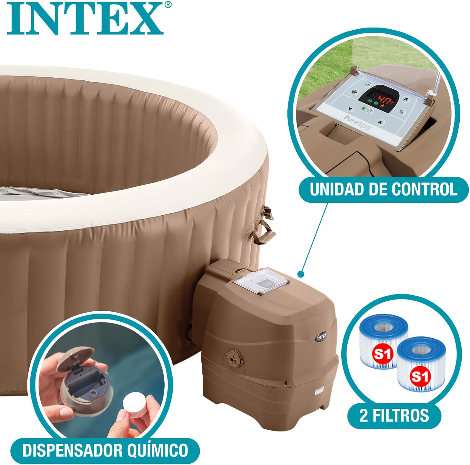 Intex 28428EX - PureSpa Vasca Idromassaggio Gonfiabile Bubble Massage, 6 posti, 140 Getti, Riscaldatore, PVC, Beige, 216x71 cm