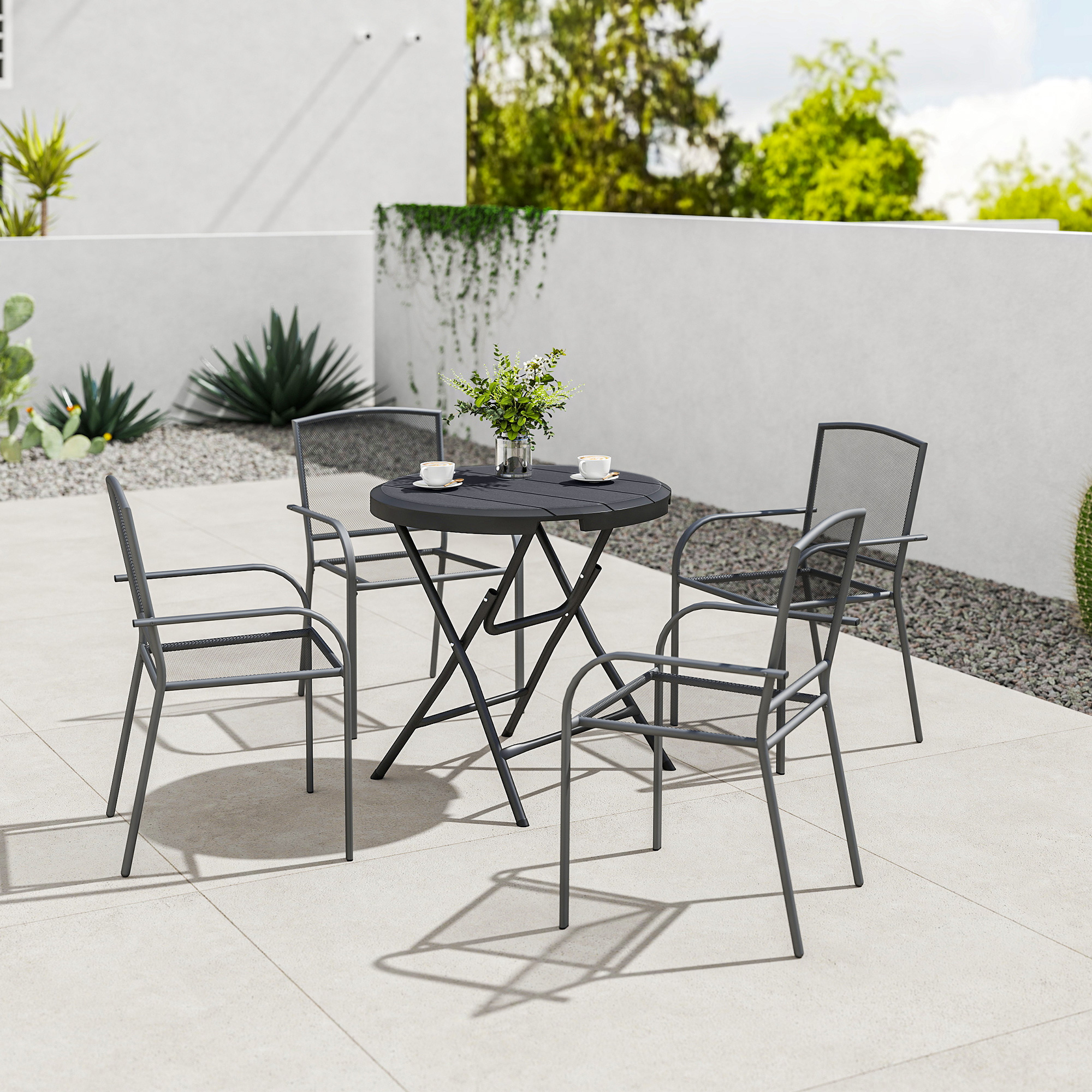 Outsunny Gartentisch, rund, klappbar, für 4 Personen, Holzoptik, Stahl+Kunststoff, dunkelgrau, 80 x 80 x 73 cm