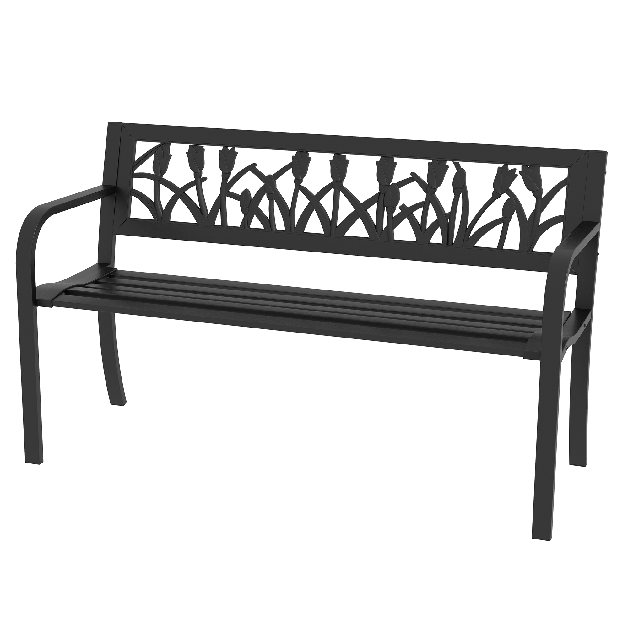 Outsunny 2-Sitzer Gartenbank aus Stahl mit verziertem Rücken- und Armlehnen, 125x50x75cm, Schwarz