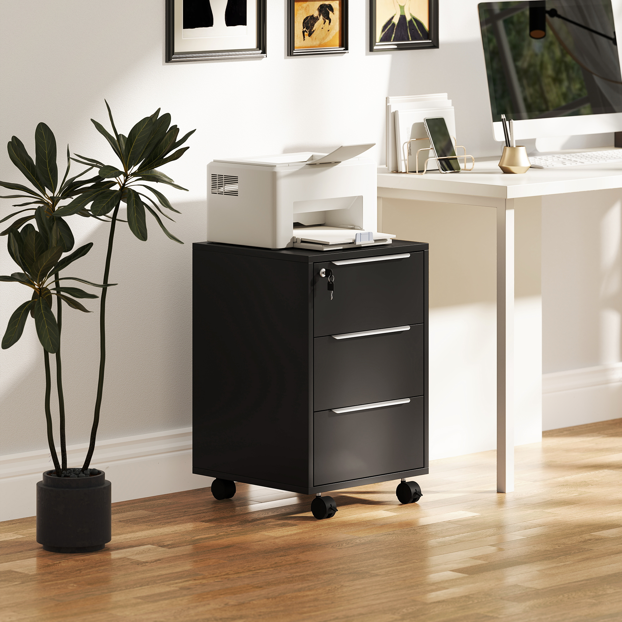 HOMCOM Bürocontainer auf Rollen mit 3 Schubladen und Schloss, Rollcontainer, 40 x 40 x 63,5 cm, Schwarz