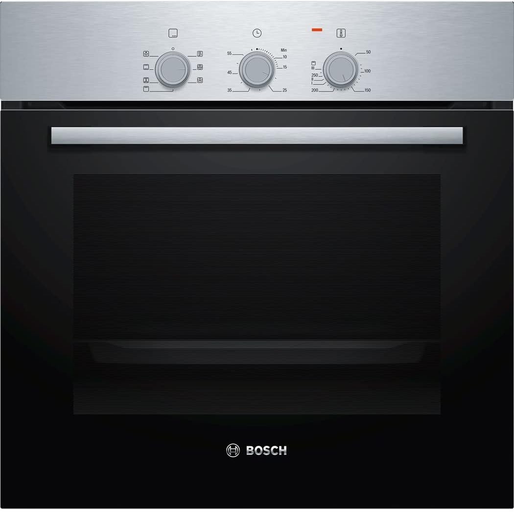 Bosch HBF011BR0 Serie 2, Forno da incasso, Aria Calda 3D: Cottura uniforme fino a 3 livelli, 3 manopole, Acciaio, Configurazione: A, 60 x 60 cm