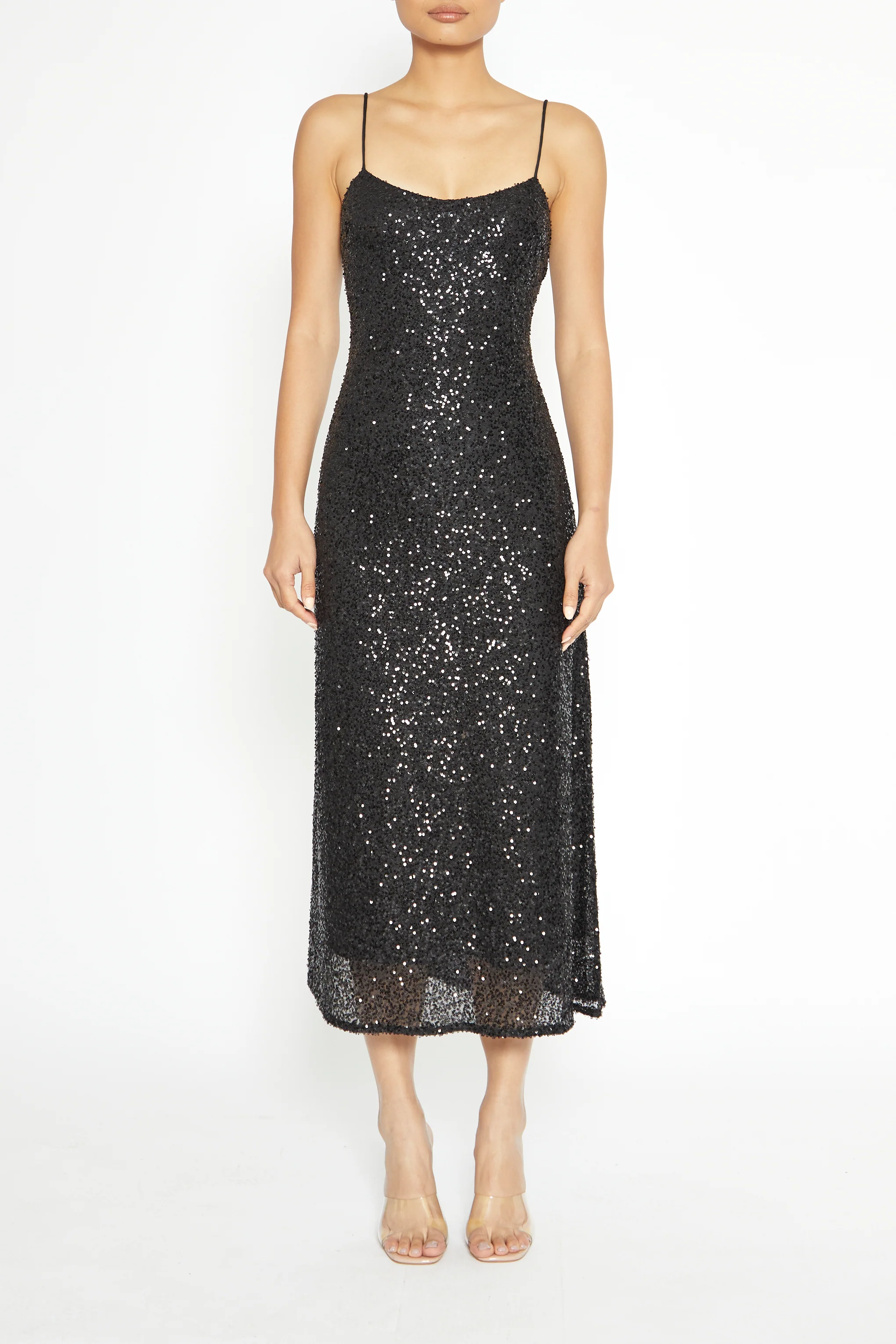 Iris Black Sequin Midi Slip Dress