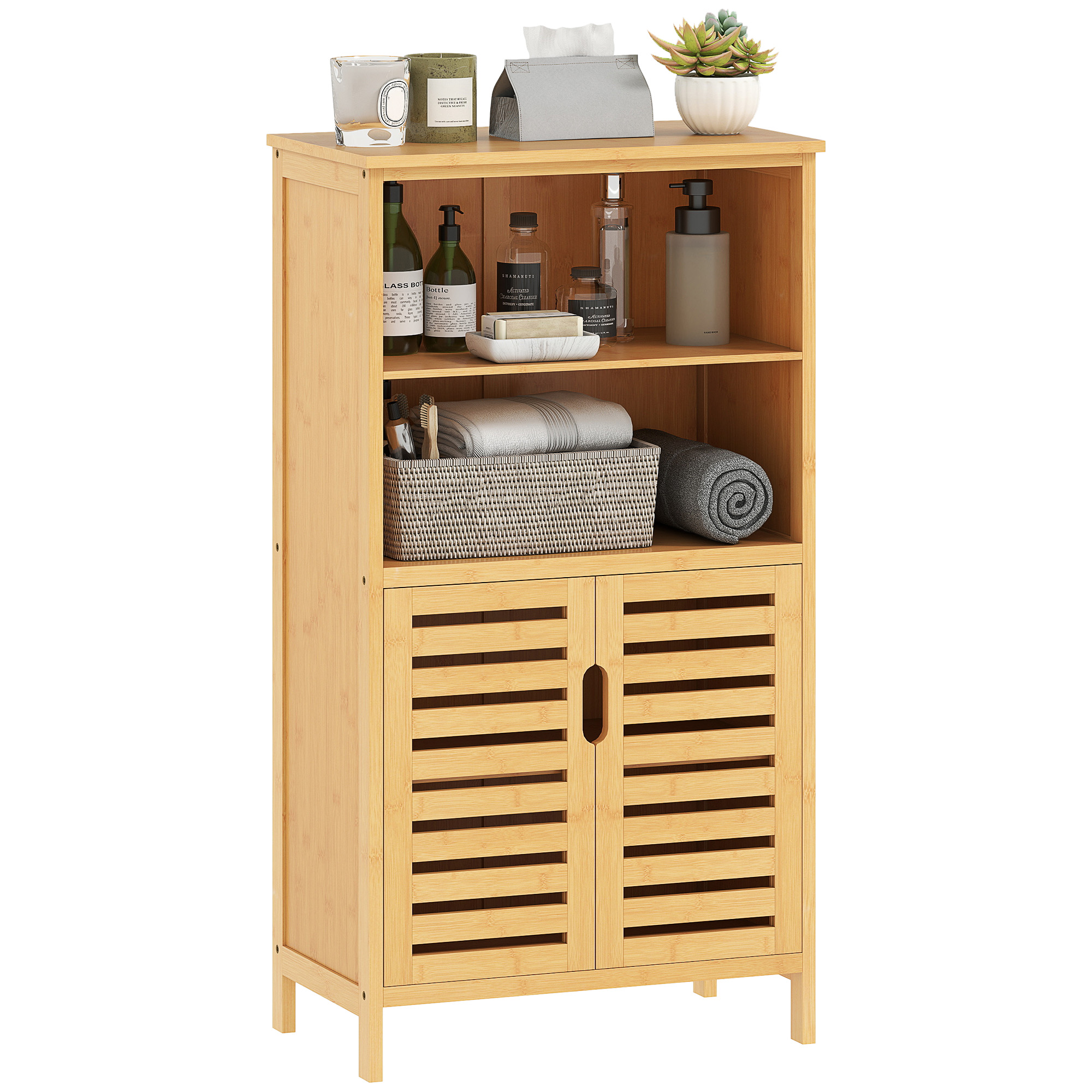 kleankin Badezimmerschrank aus Bambus, mit Lamellentüren, 2 Regale, 1 Schrank, 50 cm x 29 cm x 92 cm, Natur