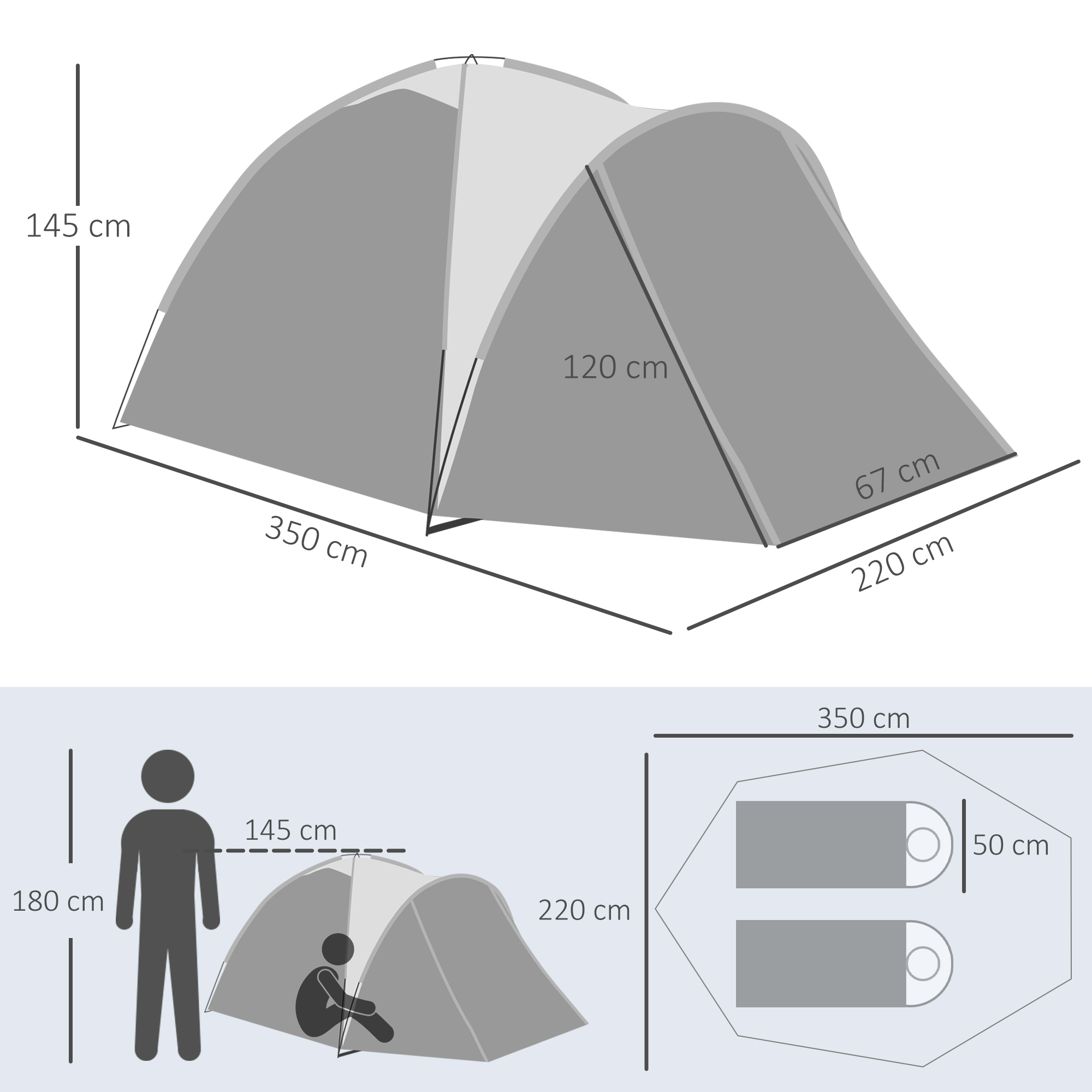 Outsunny Campingzelt für 2-3 Personen Glasfaser Tür mit Reißverschluss Meshfenster inkl. Transporttasche Kuppelzelt 190T Kunstleder2000mm Glasfaser Grau