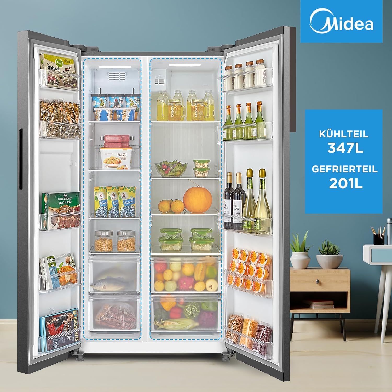 Midea KS-DDX 6.32 WT Side-by-Side Kühl-/Gefrierkombination/ 178,8 cm Hhe/ 254 kWh/Jahr/No Frost/Dual Inverter Compressor/mit 3in1 Wasser-/Eisspender und Wassertank, Dark Inox