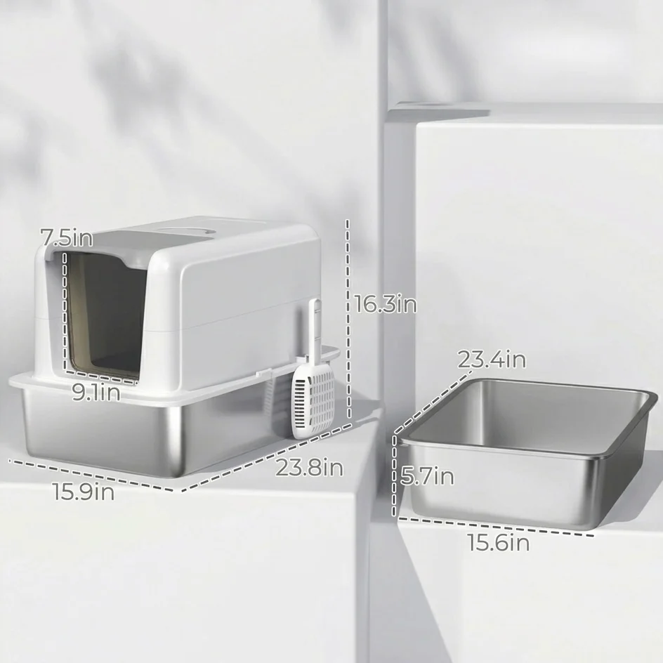 Covered Cat Litter Box �C Stainless Steel Tray, Front Flap & Integrated Scoop