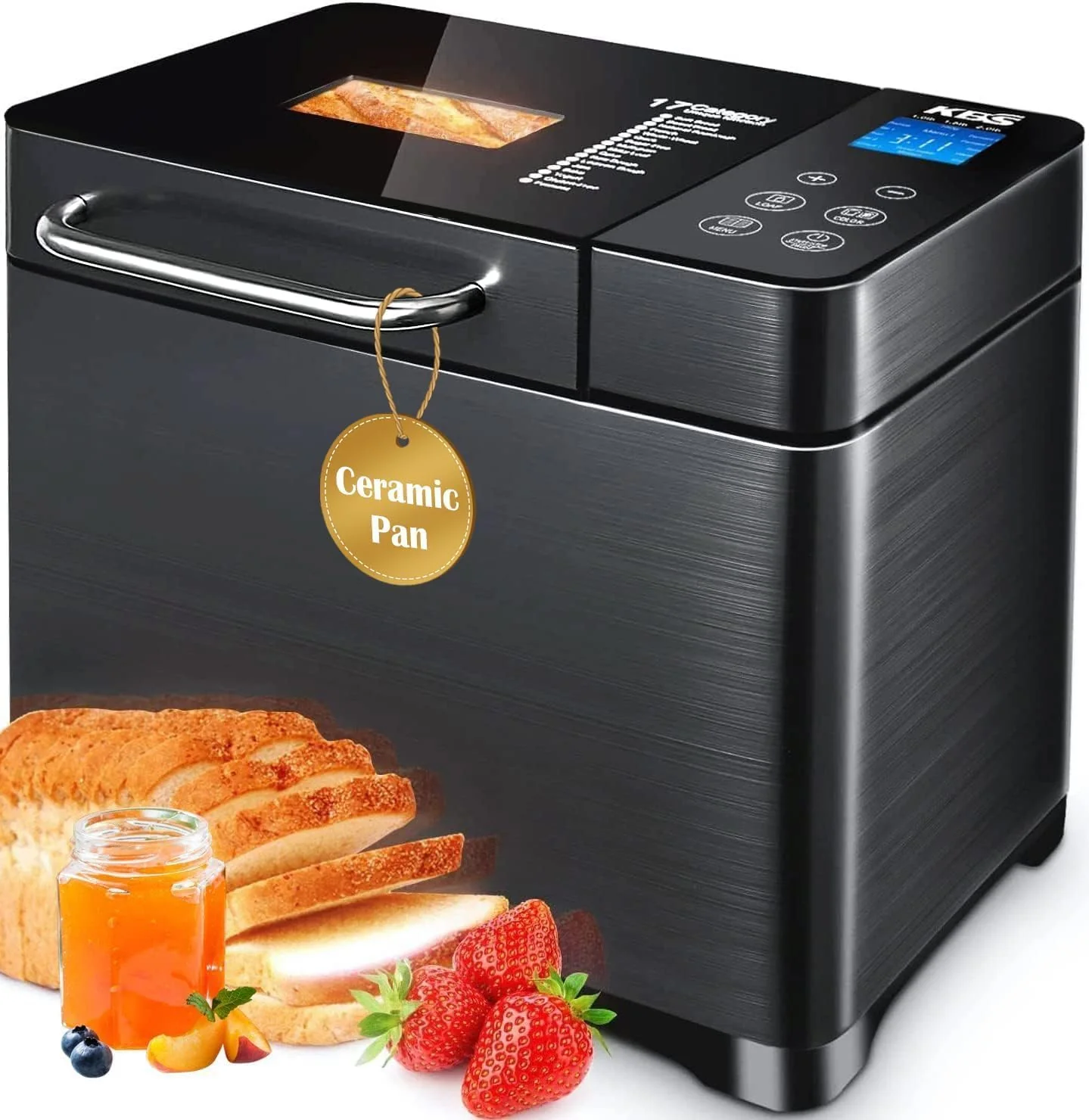 A 17-function integrated bread machine - dual heaters, 710 watts, stainless steel material - gluten-free, dough maker, jam, yogurt, program control, automatic nutrition dispenser, ceramic baking tray and touch panel, 3 types of bread sizes, 3 types o