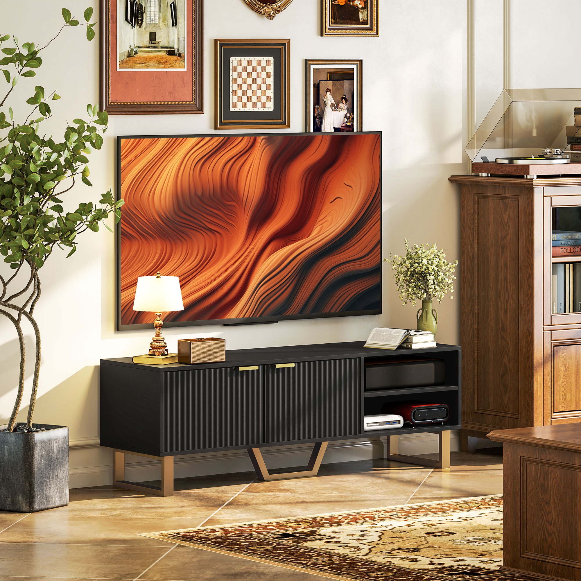 HOMCOM TV-Schrank Fernsehtisch für Fernseher bis zu 70 Zoll - 2 gerillte Türen, offenes Fach und Kabeldurchführung