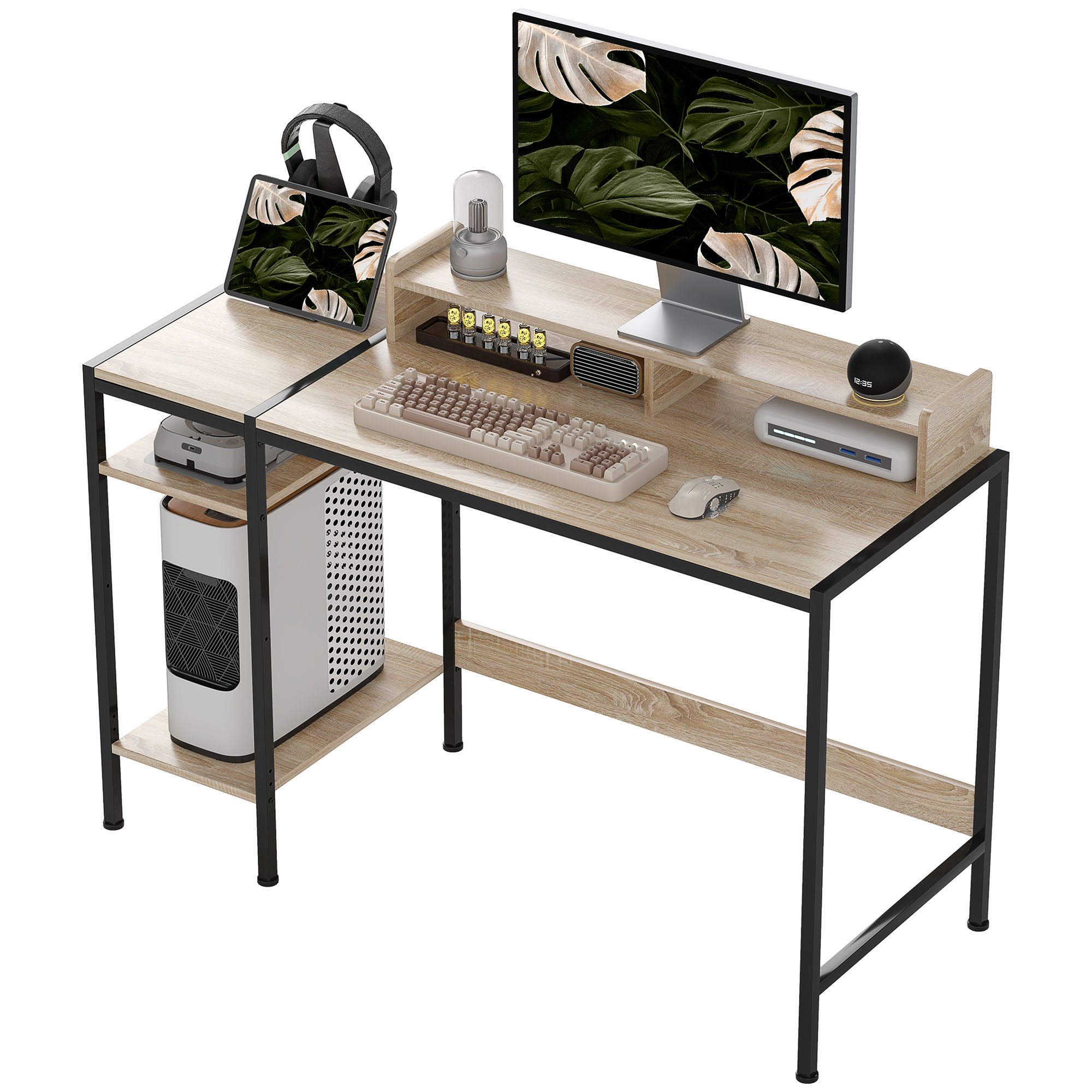 HOMCOM Computertisch Schreibtisch mit Aufbewahrung 120 cm mit verstellbaren Regalen und Stahlrahmen, Eiche
