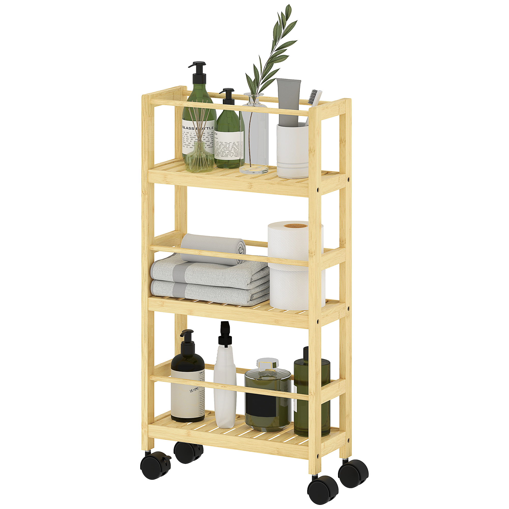 HOMCOM Badezimmerregal mit 3 Ebenen und Rollen aus Bambusholz, 36x15x73 cm, Holzfarbe
