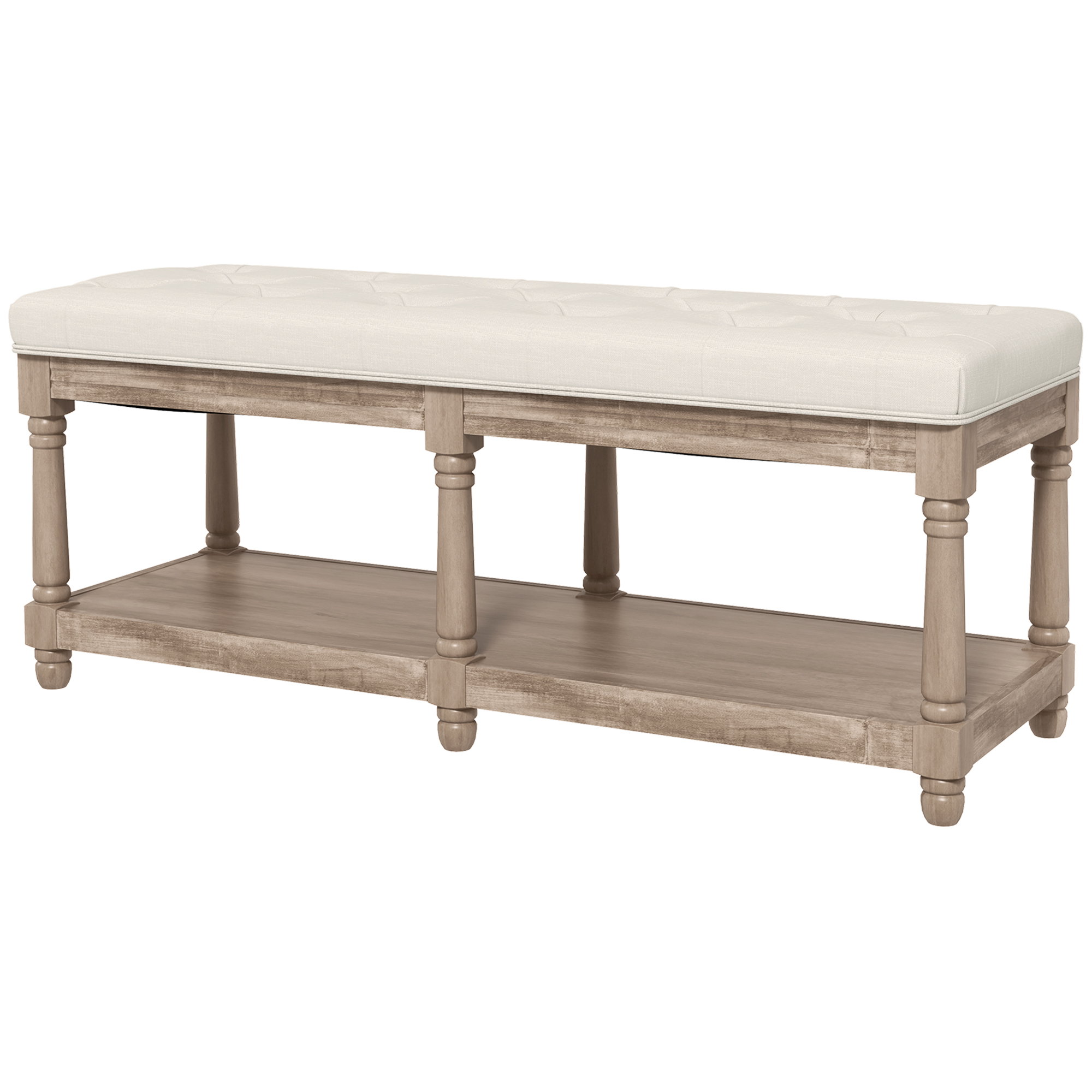 HOMCOM Sitzbank mit Stauraum, Vintage-Design, Knopfheftung, Kautschukbaumholz, 115x40x48cm, Cremeweiß