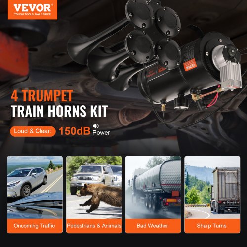 VEVOR Zughupen-Set, 4 Trompeten-Lufthupen-Set, 150 dB Zughupen für Pickup-Trucks, 12 V 120 psi Luftkompressor, 3 L Tank mit Manometer für jedes 12 V Fahrzeug, Auto, LKW, Zug, Van, Boot usw. Schwarz
