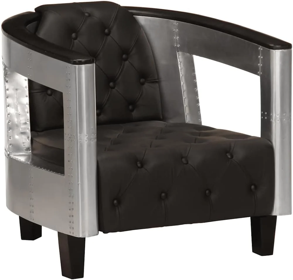 Fliegersessel Schwarz Echtleder 73 x 67 x 69 cm mit Aluminium-Armlehnen, Bequemer Lounge-Armchair mit Modernem Design, Schlafzimmer & Büro