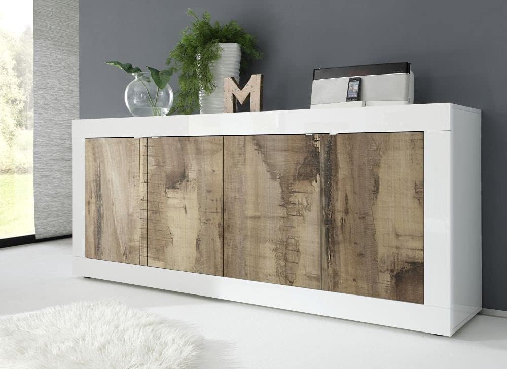 Web Convenienza Madia con 4 Ante Made in Italy – Credenza Contenitore Collezione Basic per Soggiorno Cucina Ingresso Sala da Pranzo Mobile Design moderno originale Bianco Laccato Lucido e Pero