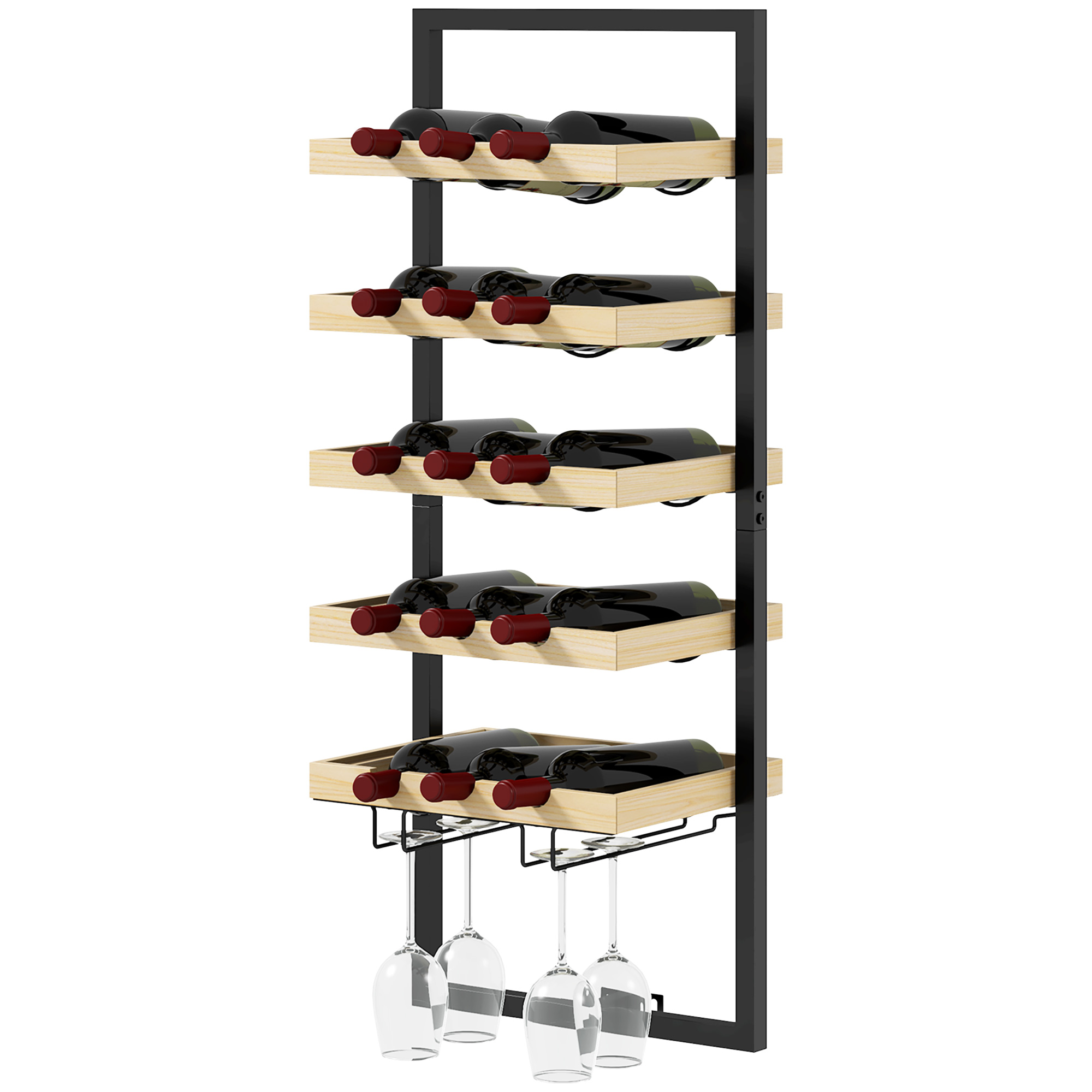HOMCOM Weinregal Flaschenregal 5 Ebenen für 15 Flaschen 4 Gläser 35 x 25 x 86 cm Kiefernholz Naturholz-Finish