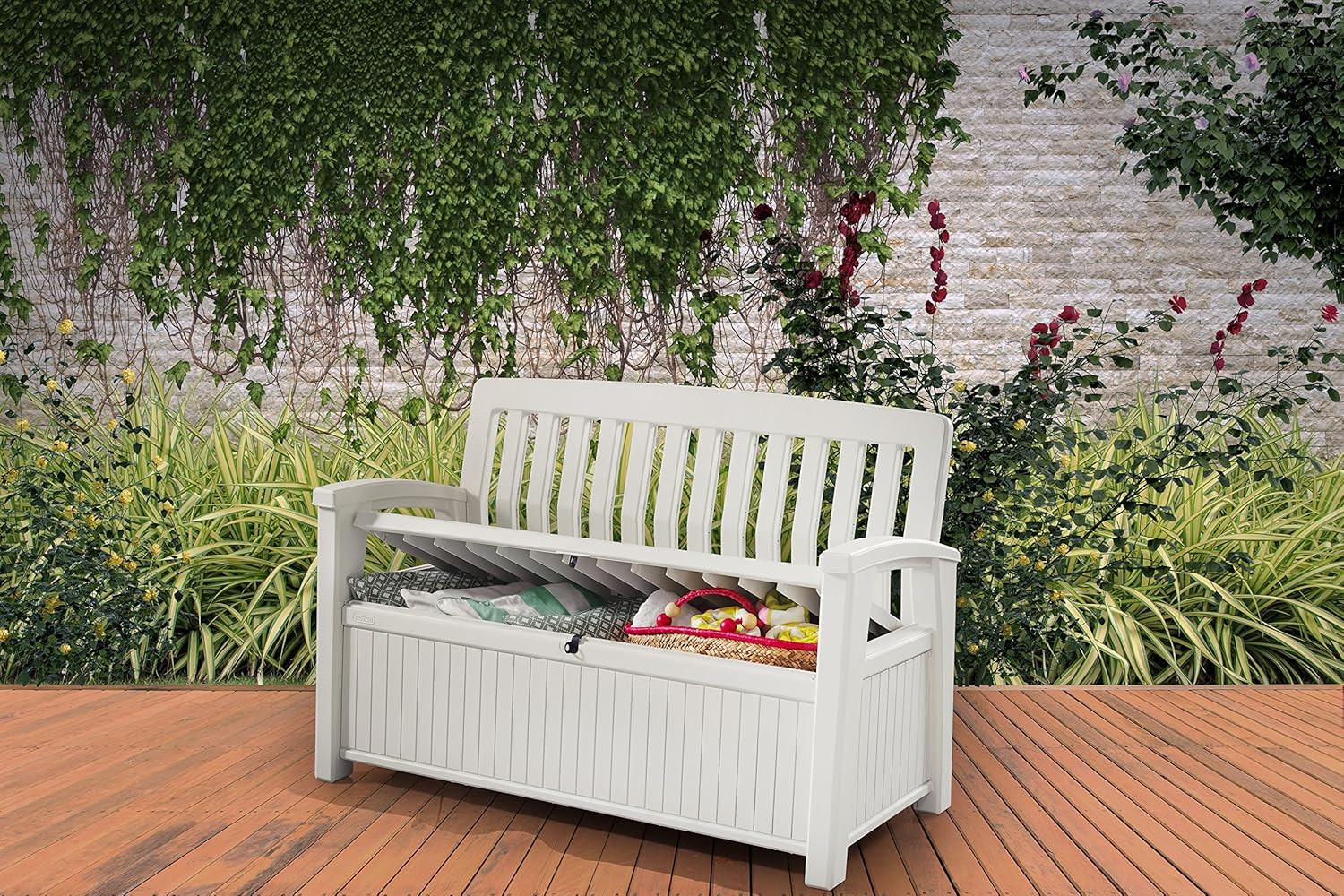 Keter 12-938067 Patio Bench Garden Bench Resin White 132.5 x 63.5 x 89.5 cm Capacity 227 L