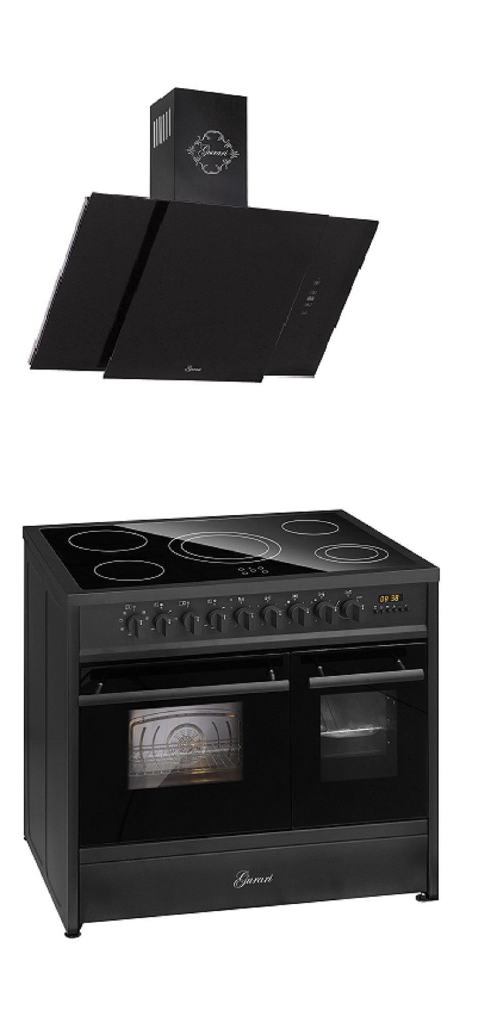 Elektro-Standherd Glaskeramik Herd 90 cm Schwarz Range Cooker Elektro Doppelbackofen mit Dunstabzugshaube 90 cm Wandhaube,Schwarz, Schwarz Glas,1000m³/h GCH E 912 DF BL+GCH S 171 90 BL PRIME N