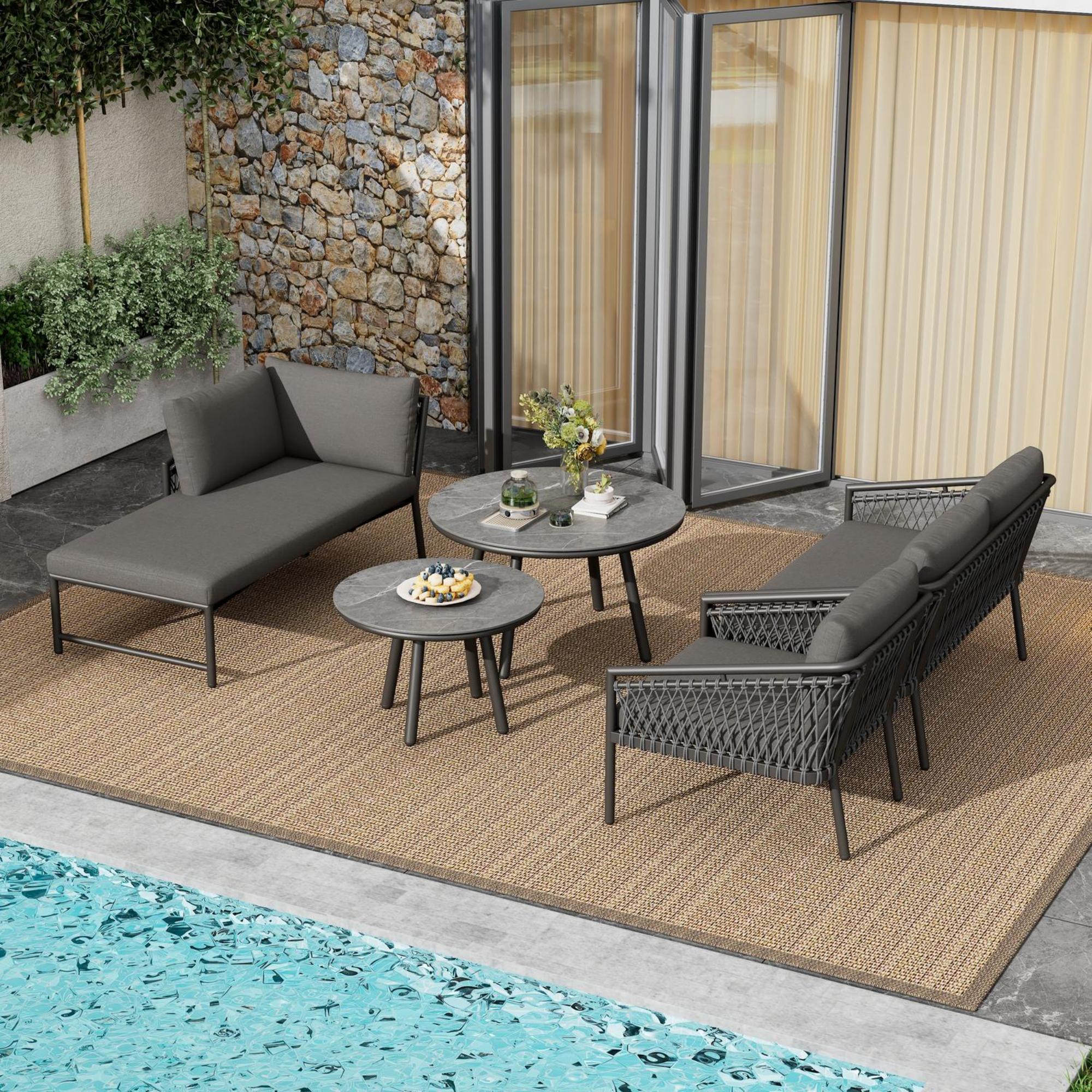 Modernes Outdoor-Loungemöbel: Garten-Sofa mit handgewebtem Seil, 2-Sitzer Set für Garten- und Terrassen-Ruhe, Grau