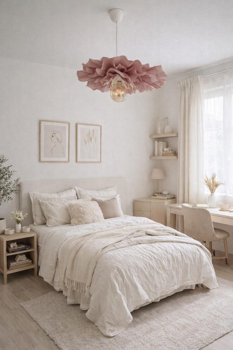 Pantalla de lámpara de papel crepé rosa empolvado, decoración floral colgante hecha a mano de 50 cm.