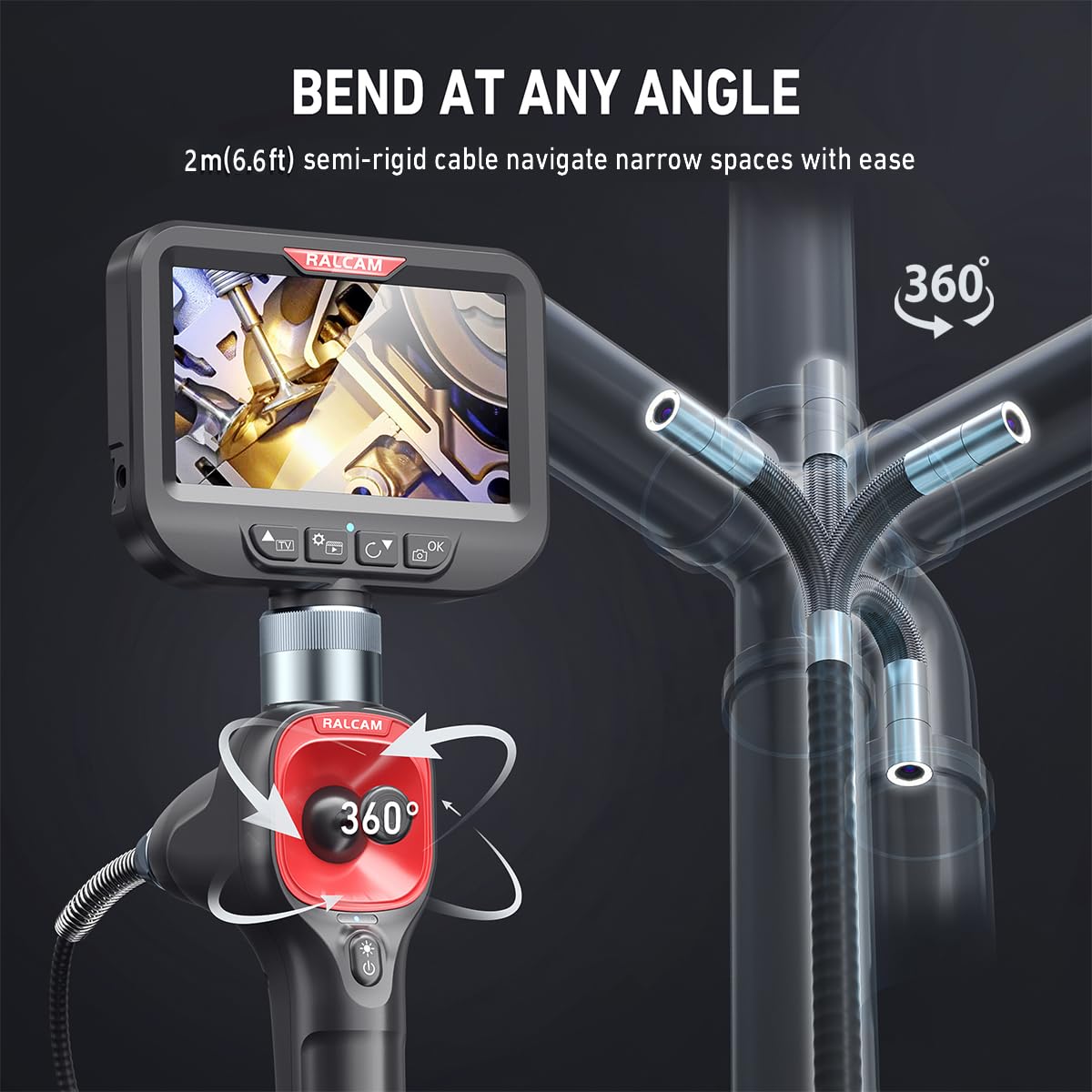 Endoskopkamera 6,2 mm mit 360° drehbarer Sonde LED-Licht 720p Videoauflösung Makrofokus 20–100 mm Joystick-Steuerung
