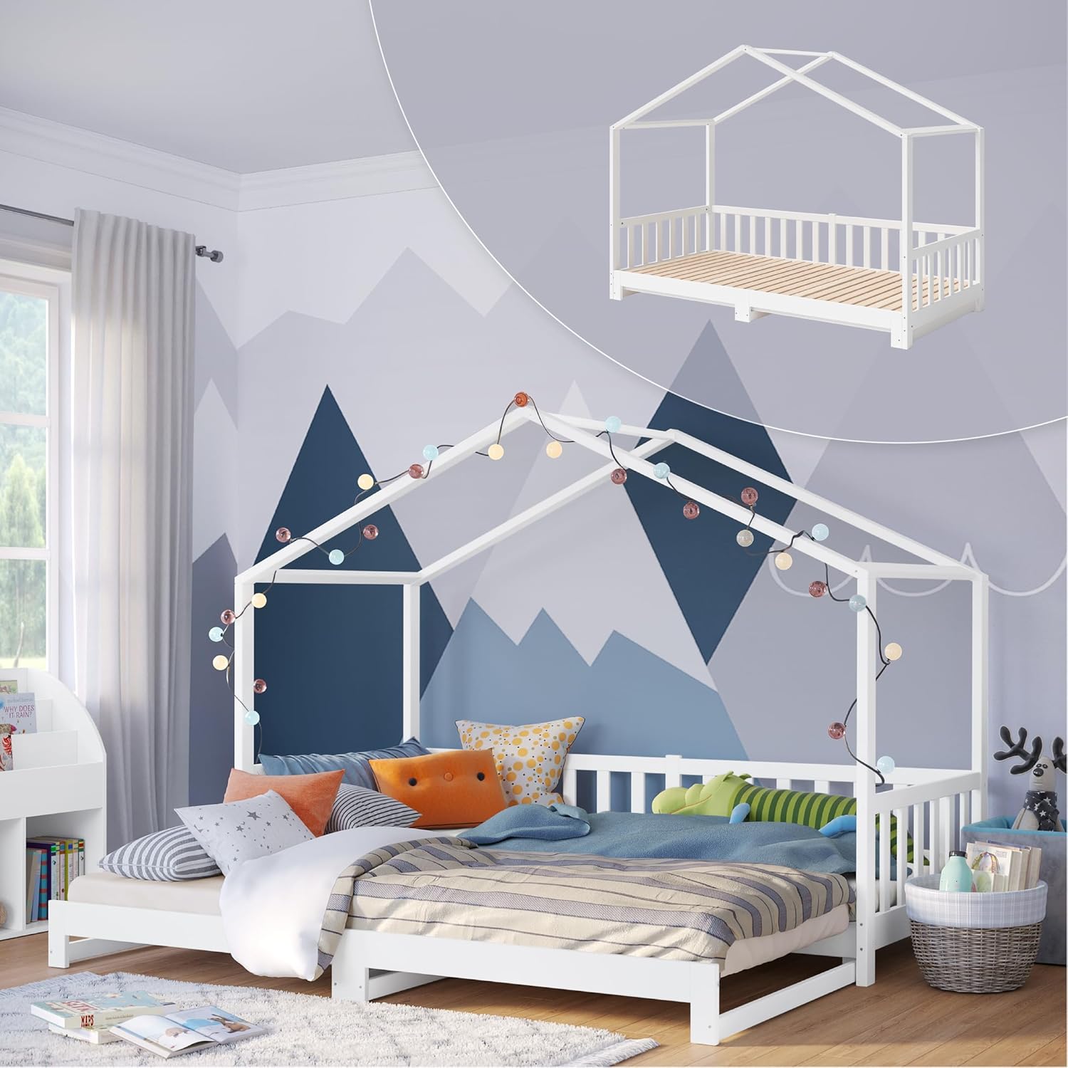 Bellabino Kinderbett Bia 140x200 cm, Hausbett Kinder inkl. Rausfallschutz und Rolllattenrost, Montessori Bodenbett weiß aus Massivholz Kiefer