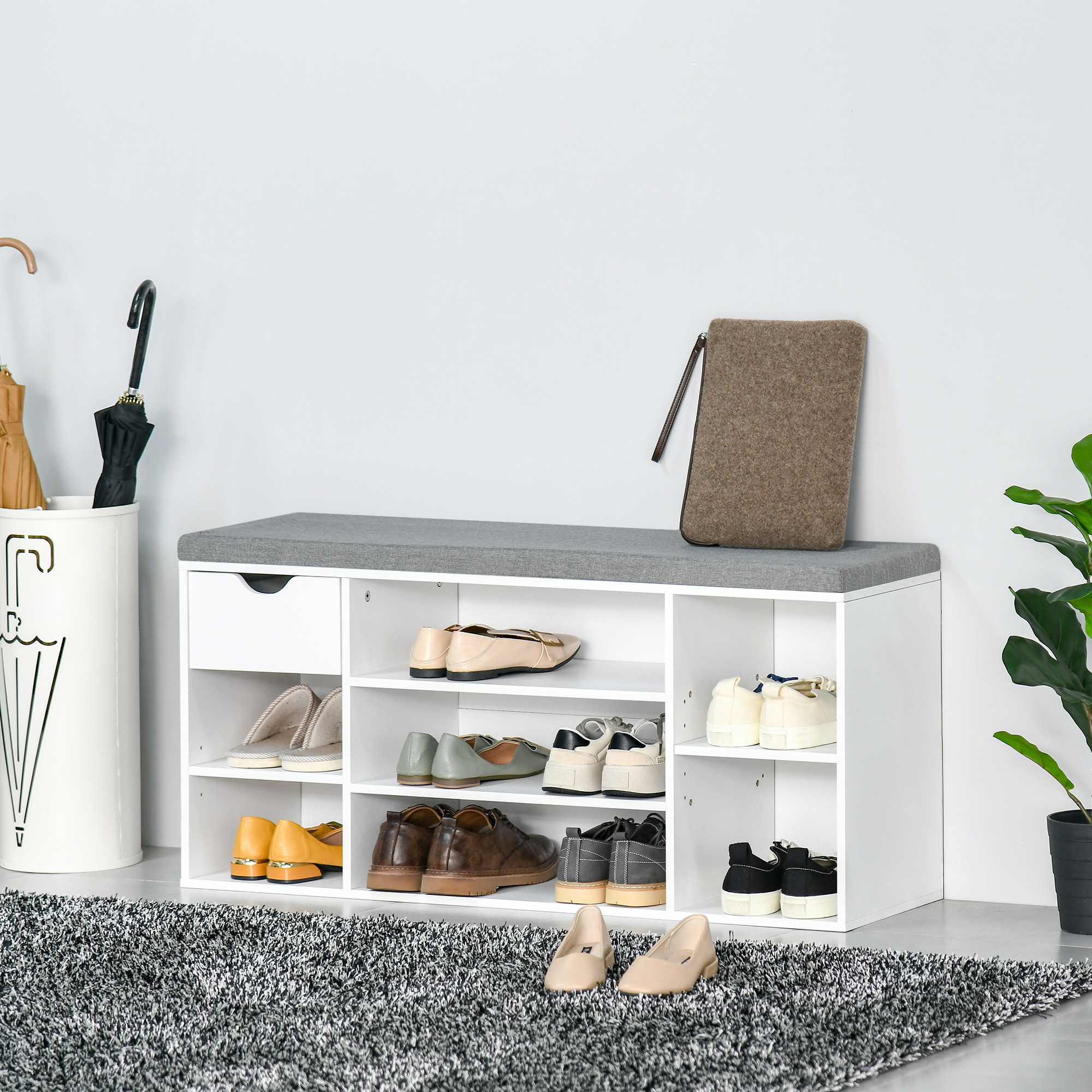 HOMCOM Schuhbank Sitzbank Sitztruhe mit Ablagen Kissen Schublade Eingangsbereich großer Lagerraum verstellbar Spanplatte Schaumstoff Leinenartiges Polyester Weiß+Grau 101 x 29 x 47,5 cm