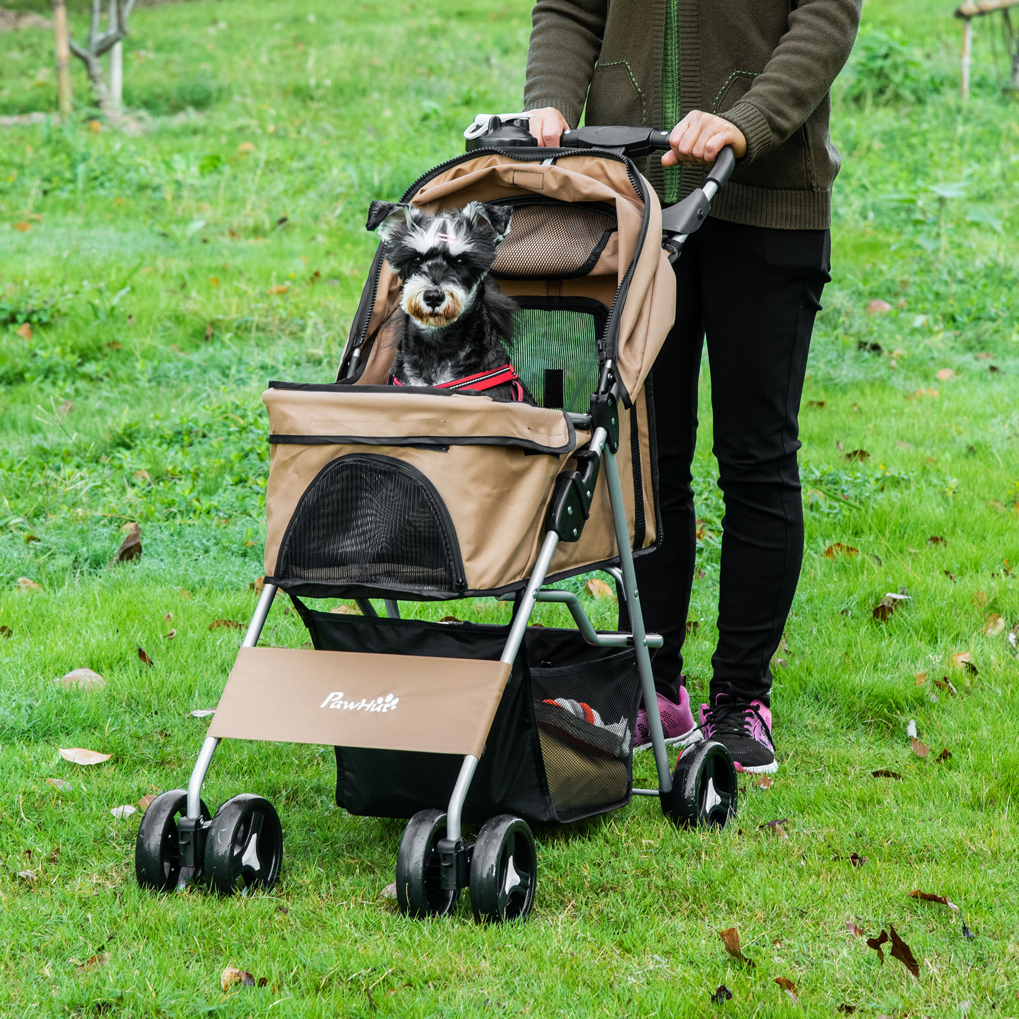 PawHut Faltbarer Hundewagen für kleine und Miniaturhunde mit Korb und Getränkehalter, 75x46x94 cm, Braun
