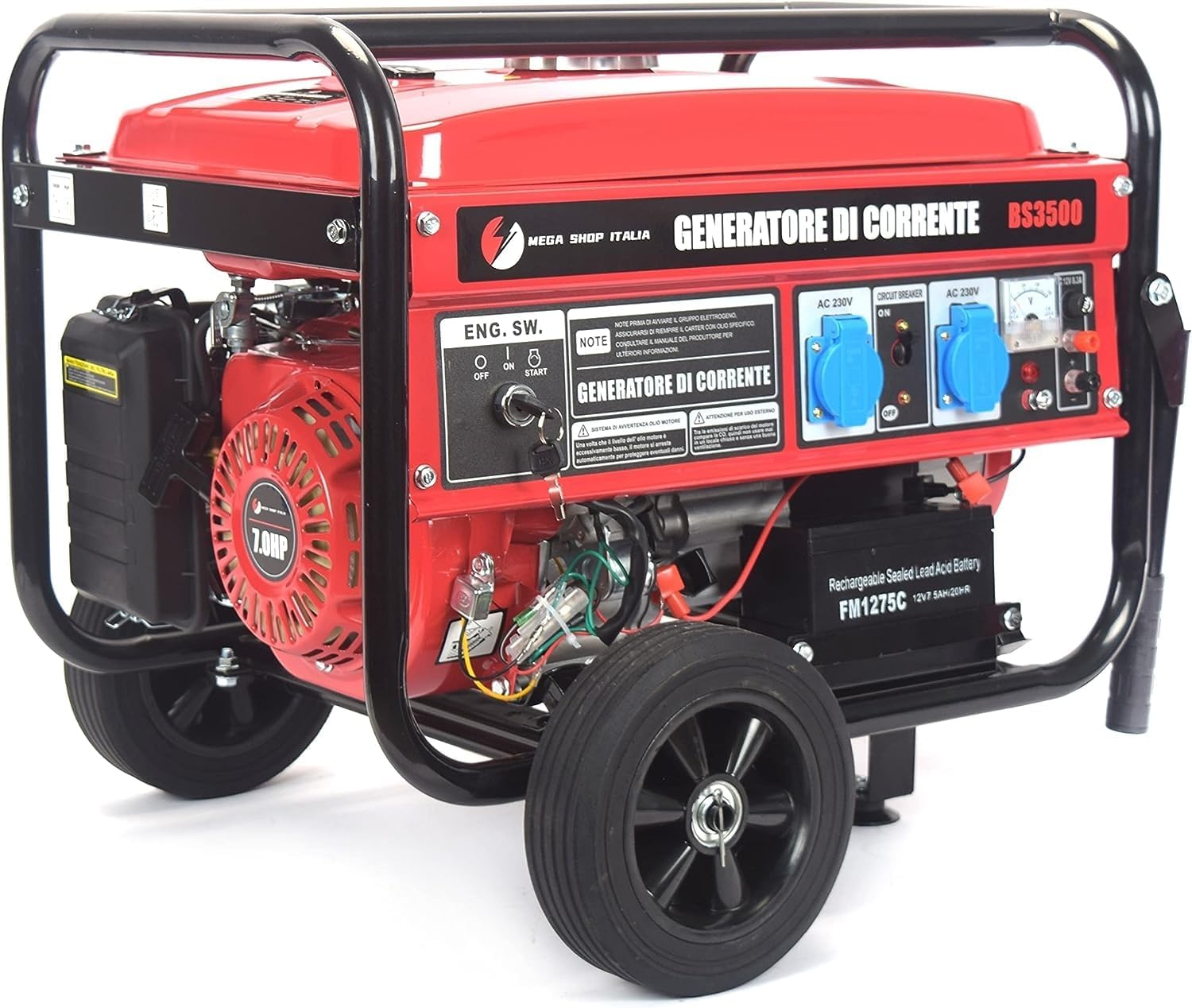 Generatore di Corrente 3000W Benzina 4 tempi con 2 prese 230V con Avviamento Automatico a Chiave e Batteria Portatile con Ruote