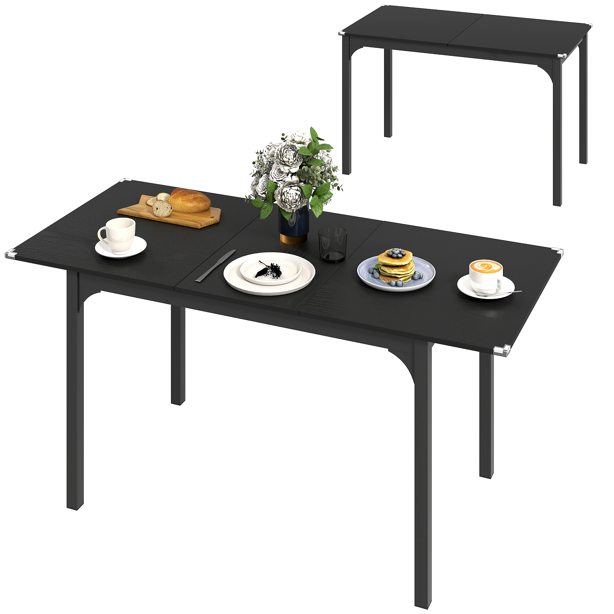HOMCOM Klappbarer und ausziehbarer Esstisch für 4 bis 6 Personen, Stahlbeine, für kleine Räume, Esszimmer, Schwarz