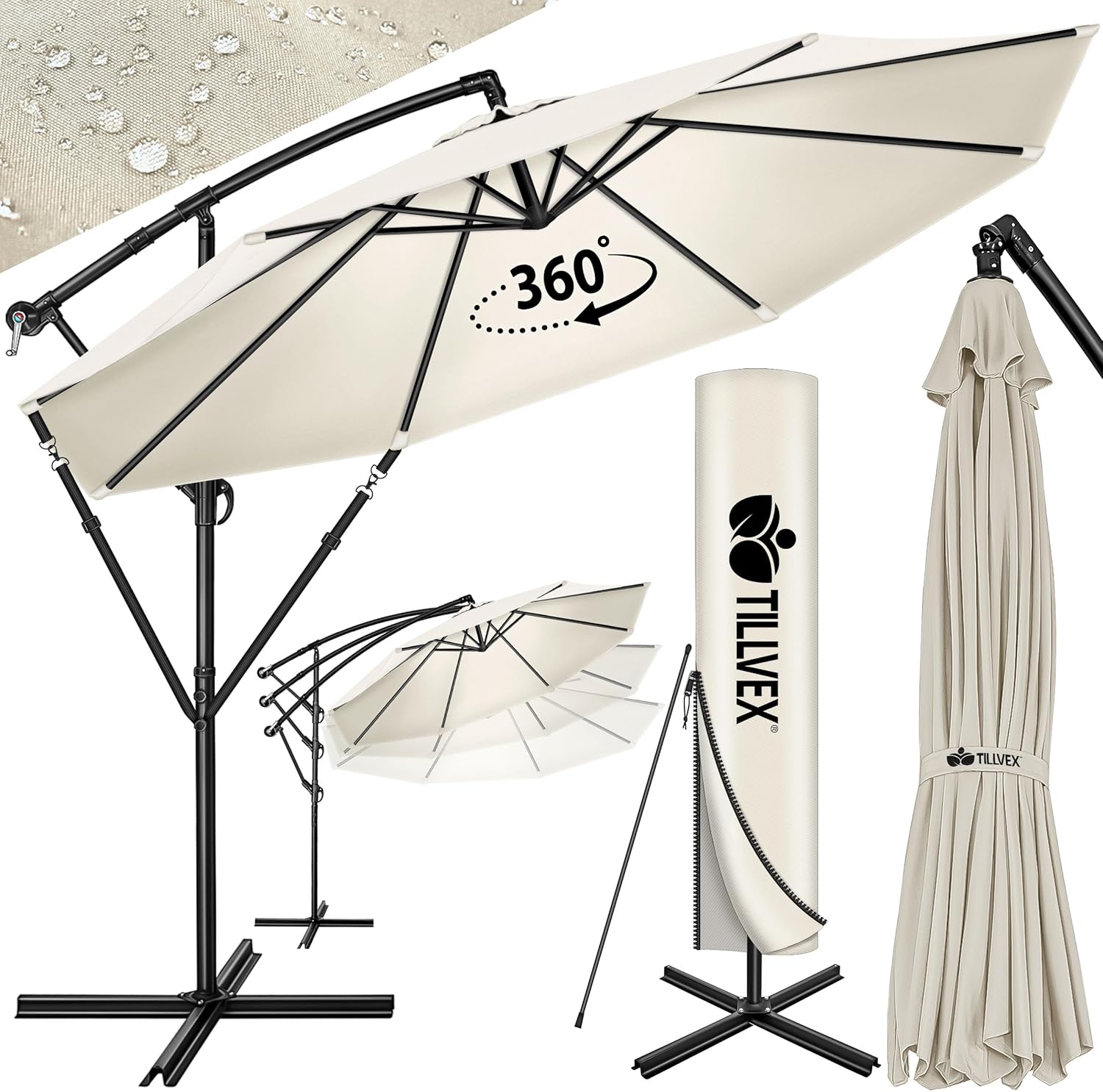 tillvex Garden Parasol Diameter 300 cm with Crank | Parasol with Pole for Garden, Terrace, Balcony, Aluminium Material with UV Protection, Waterproof | Crank Parasol with Base